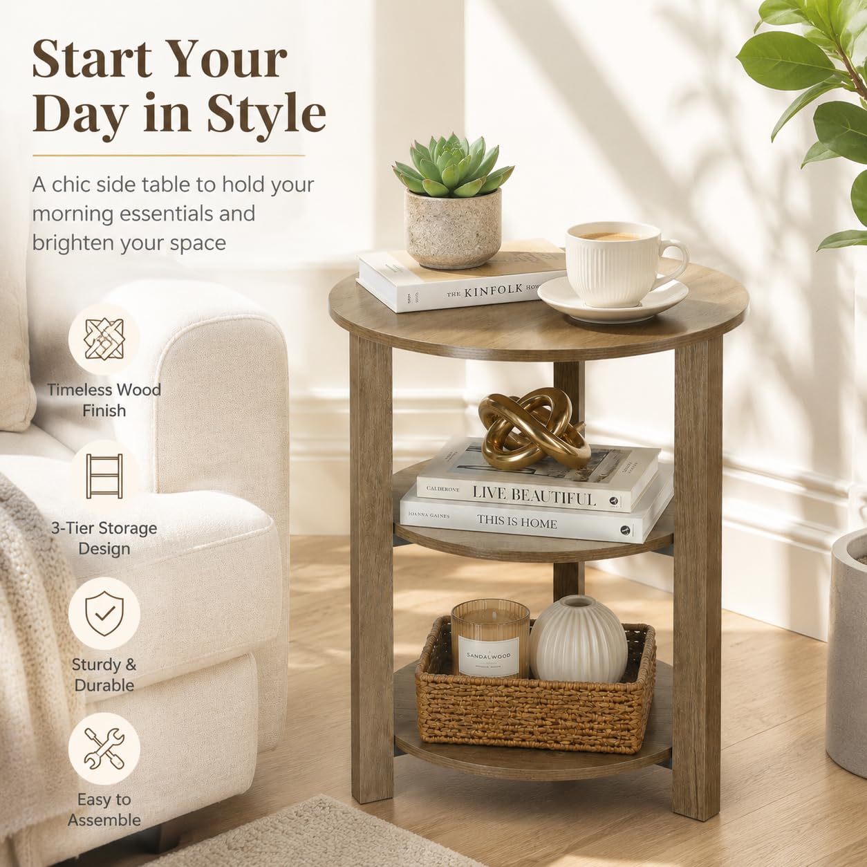 ZEXVIDA Farmhouse 3-Tier Round Side Table, 17.7 * 21.7 Inch Small End Table for Living Room, Wooden Bedside Table Nightstand with Open Storage, Industrial Accent Table for Small Spaces,Oak