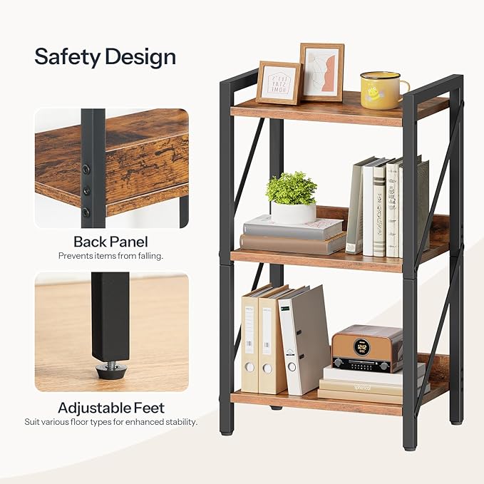 HOOBRO Bookshelf, 3-Tier Industrial Bookcase, Book Shelf Storage Organizer