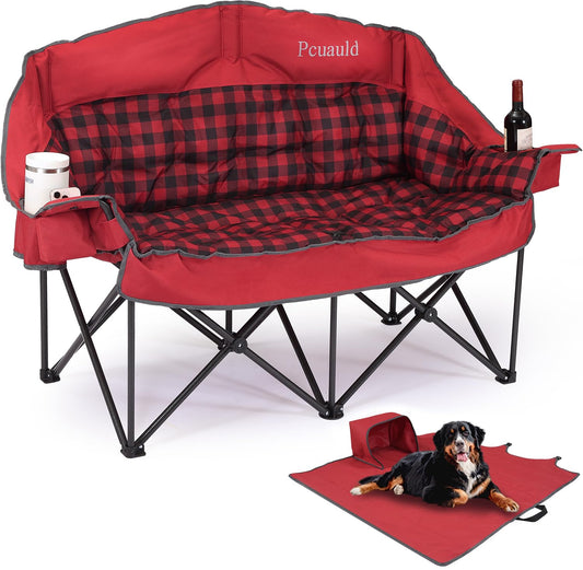 Pcuauld Double Camping Chair Padded Loveseat Camp Couch for Adults, Oversized 2 Person Love Seat with 2 in 1 Carry Bag, Heavy Duty Folding Outdoor Sofa with Cup Holders for Lawn Beach Tailgating, Red