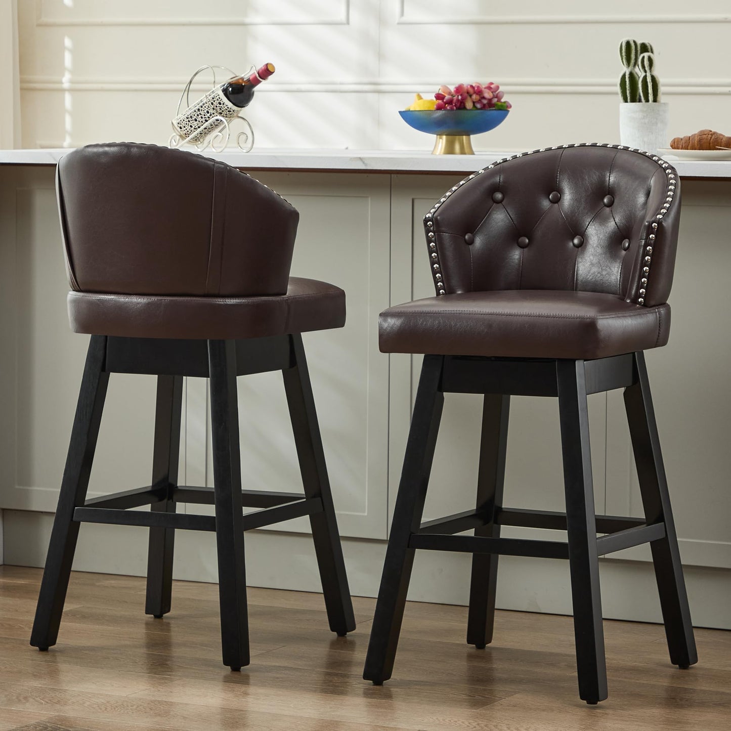 UDAX 29''Swivel Bar Stools Set of 2, Upholstered Barstools with Backs, Modern Counter Height Bar Stool Chairs for Kitchen Island, Wood Legs, Counter Stools
