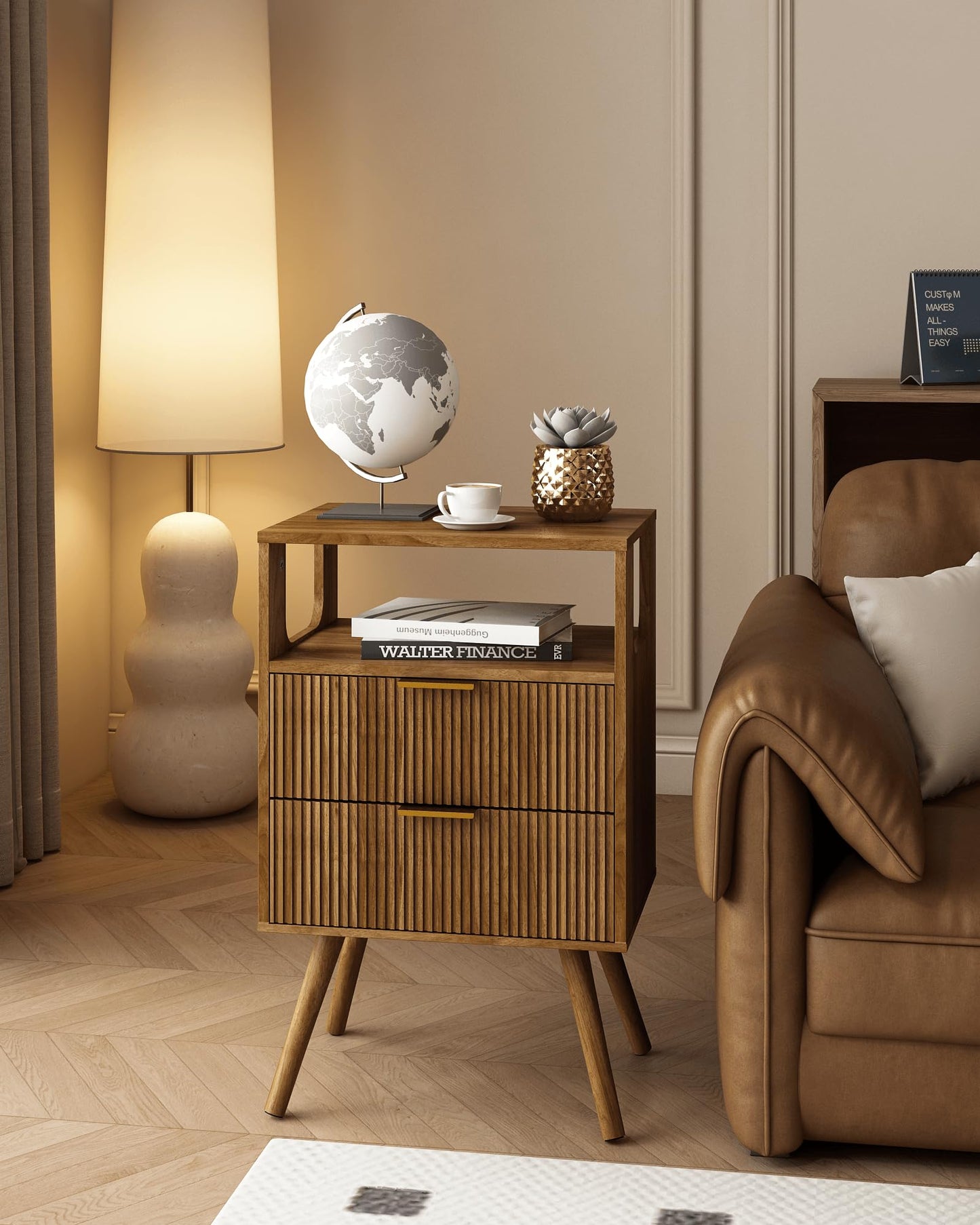 Leomonio Nightstand, Modern Night Stand with 2 Storage Drawer and Opening Storage, Fluted Bedside Table with Solid Wood Legs for Bedroom