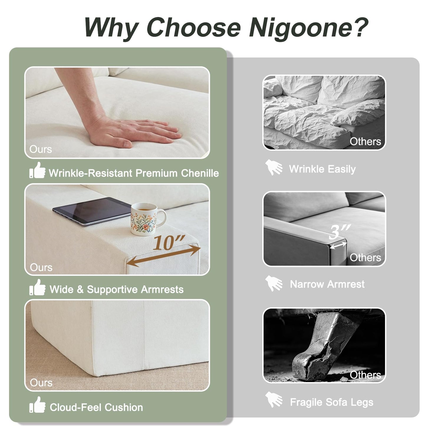 Nigoone 108" Sectional Couches for Living Room, Modular Cloud Sofa with Ottoman, No Assembly, Convertible L Shaped Boneless Couch, Adjustable Sofa Backrest, 4 Seater, Warm White Chenille