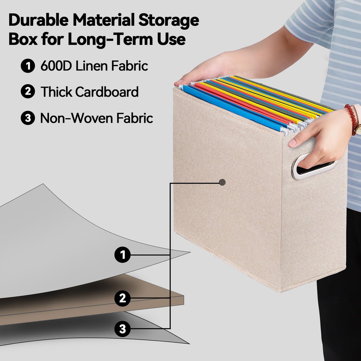 ComfortKeeper 2 Pack Letter Size File Storage Box Collapsible, Fabric Hanging File Folders Organizer, Portable Office Document Holder with Metal Handle, Smooth PVC Rails, Beige