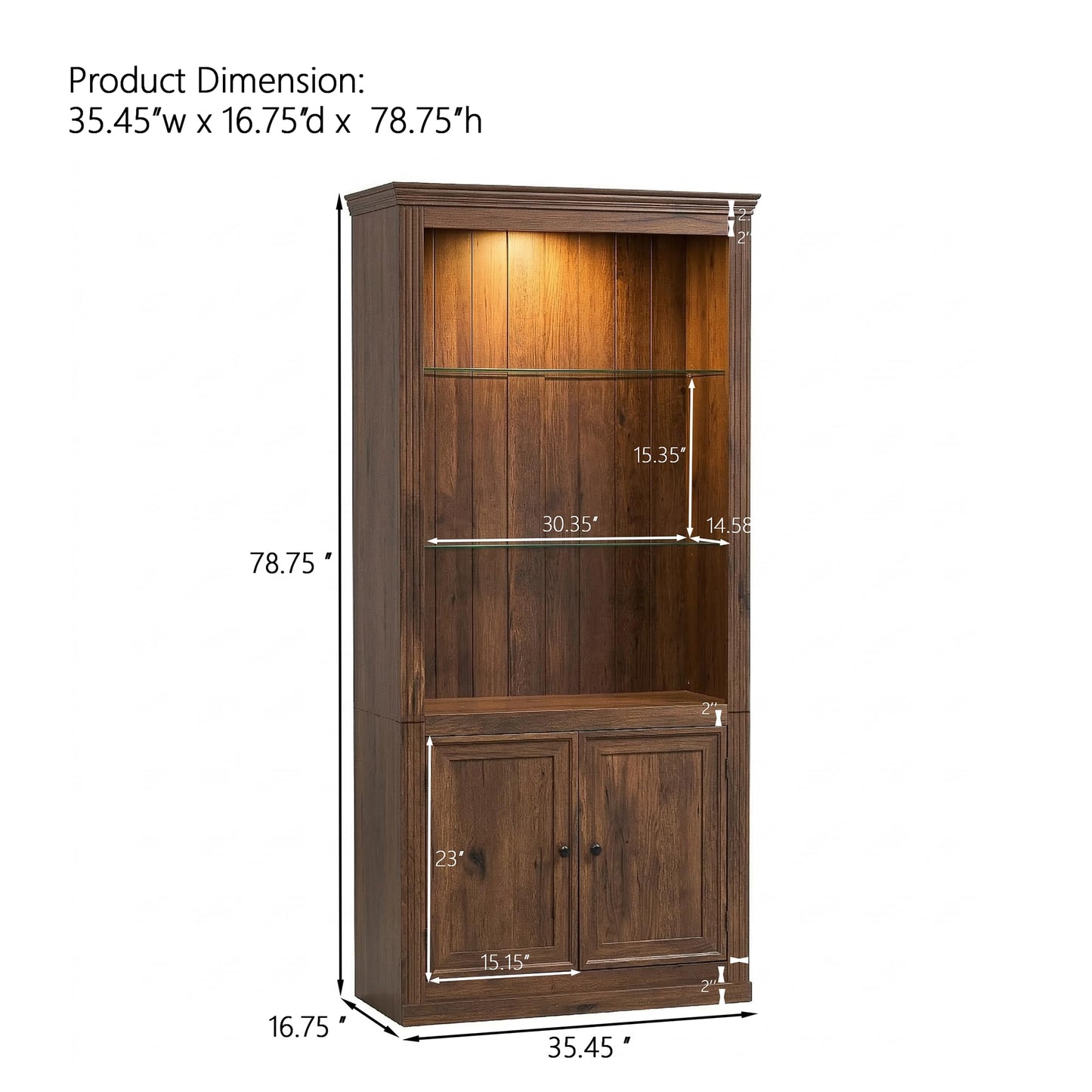 Merax Brown Narrow Bookshelf 35" Wide 79" MDF Tall Bookcase Collection Books Storage Cabinet with Single Color Ceiling Light for Living Room, Home Office, Studio