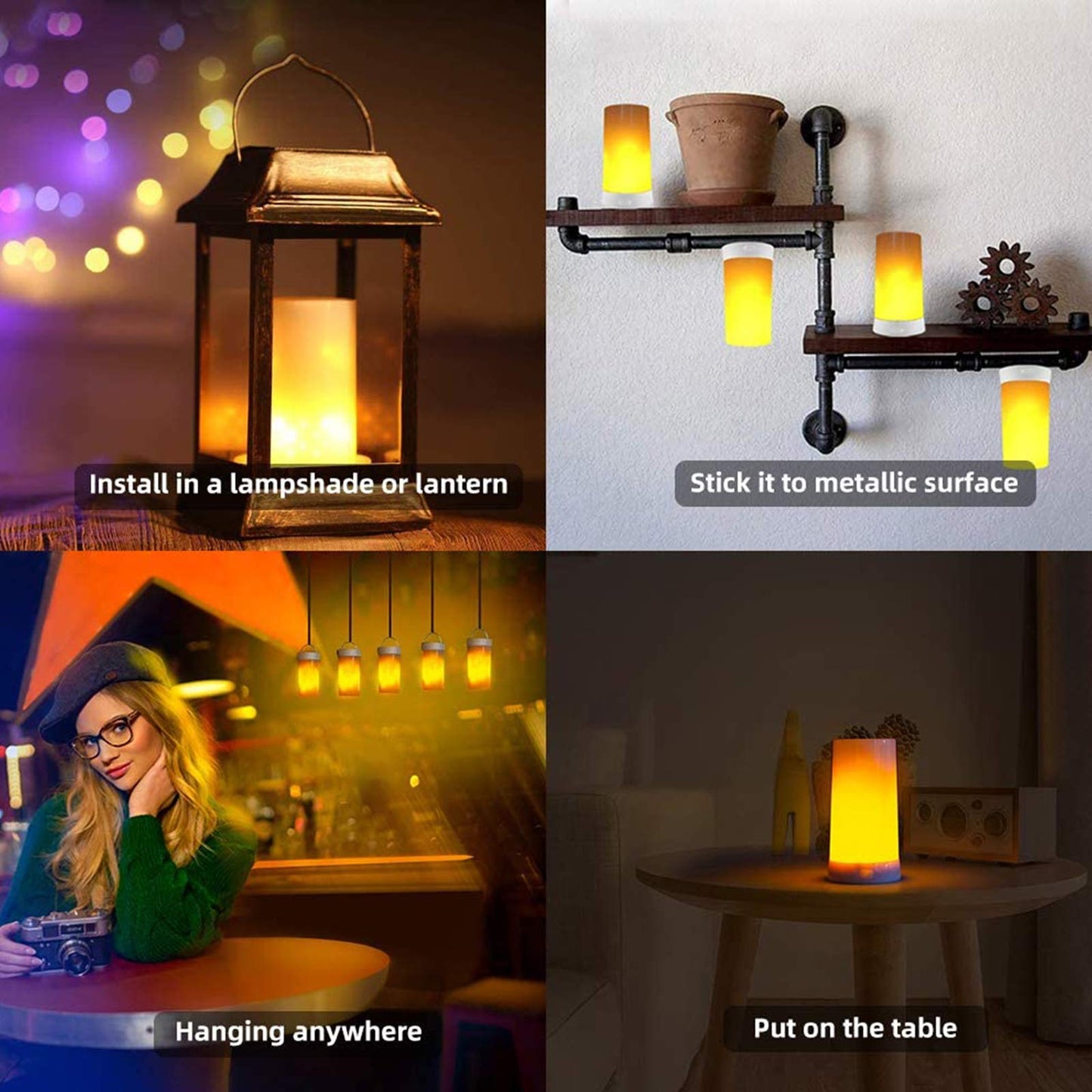 LED Flame Effect Light, USB Rechargeable Outdoor Flame Table Lamp Waterproof Dimmable 4 Modes Lantern with Gravity Sensing Effect IR Wireless Remote&Timer, For Halloween Room Party Bar Decor
