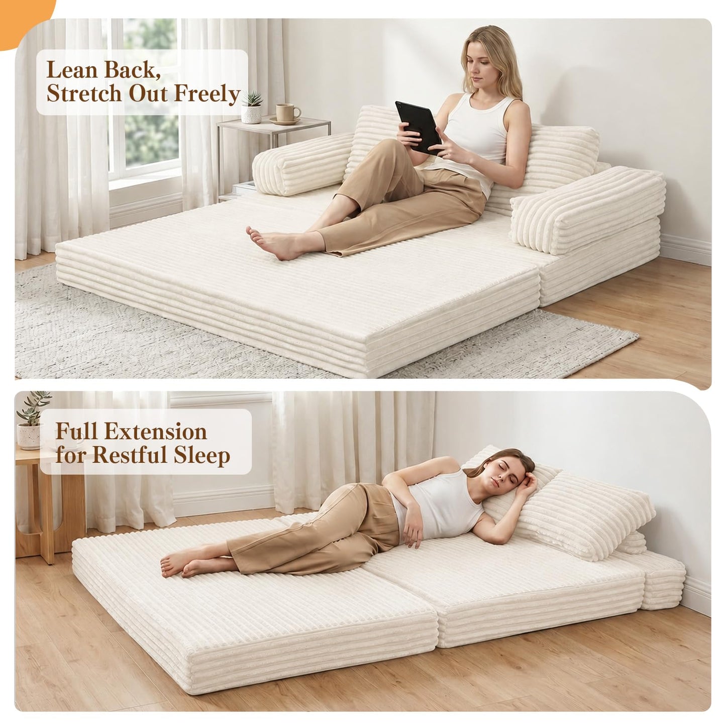 MeMoreCool Convertible Sofa Bed, Folding Floor Couch Bed Queen, Pull Out Sleeper Couch with Pillows, Fold Out Futon Sofa for Bedroom Living Room Small Space, Corduroy Beige
