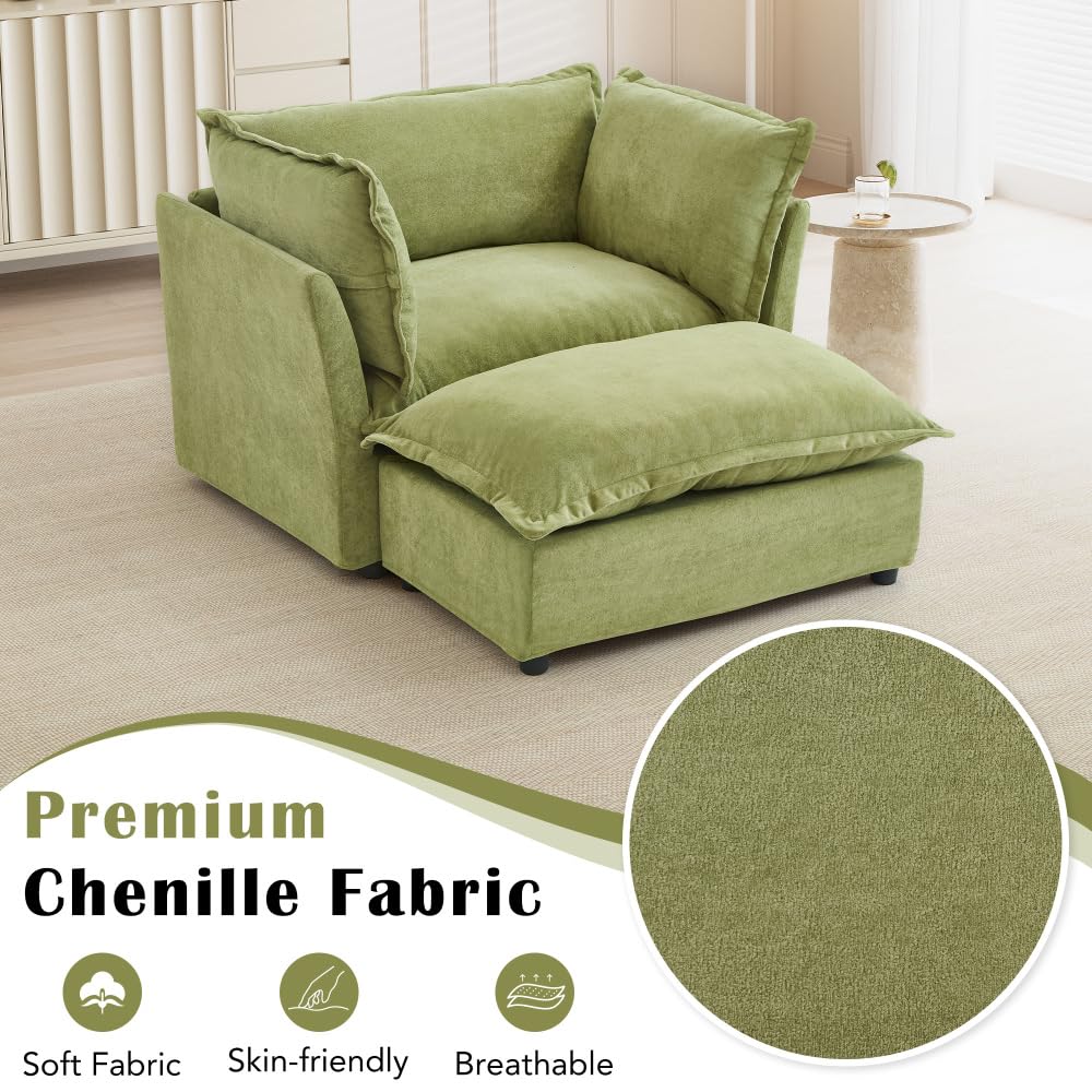Asmeten Modern Armchair Sofa 47" Cozy Upholstered Sofa Chair with Movable Ottoman, Wide Seat, Curved Armrests and Soft Pillows for Living Room, Bedroom,Green (Green + Chenille + 2 Seat + Foam)