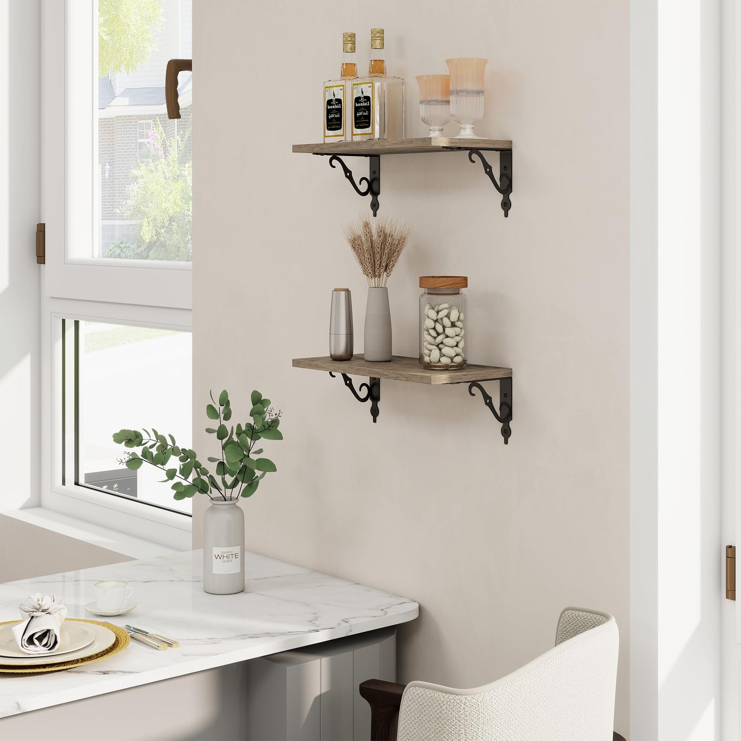 RICHFOCUS Floating Shelves for Wall Decor, 8 Inch Deep Shelves Set of 2, 16W x 8D Floating Shelves Wall Mounted with Metal Brackets, Rustic Wood Shelves for Living Room Bedroom Kitchen, Grey
