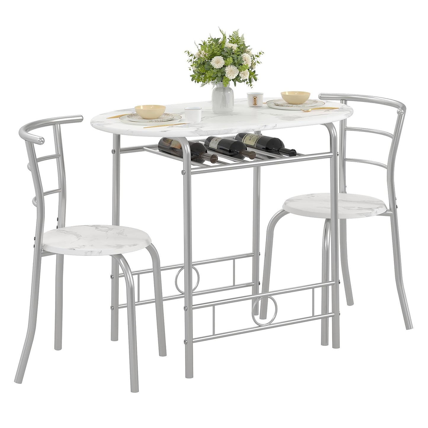 VECELO 3-Piece Dining Table Set for Kitchen Breakfast Nook, Faux Marbled Oval Tabletop and Metal Frame with Built-in Wine Rack, for Small Spaces, White & Silver