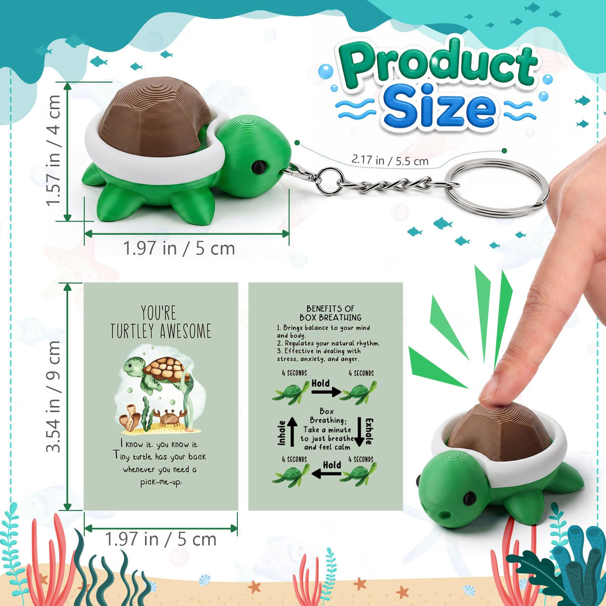 Junkin 24 Set Turtle Fidget Clicker Keychain 3D Printed Turtle Sensory Clicker Keychain Stress Relief with Inspirational Cards Employee Appreciation Gifts for Graduation Adult Coworkers Staff Team