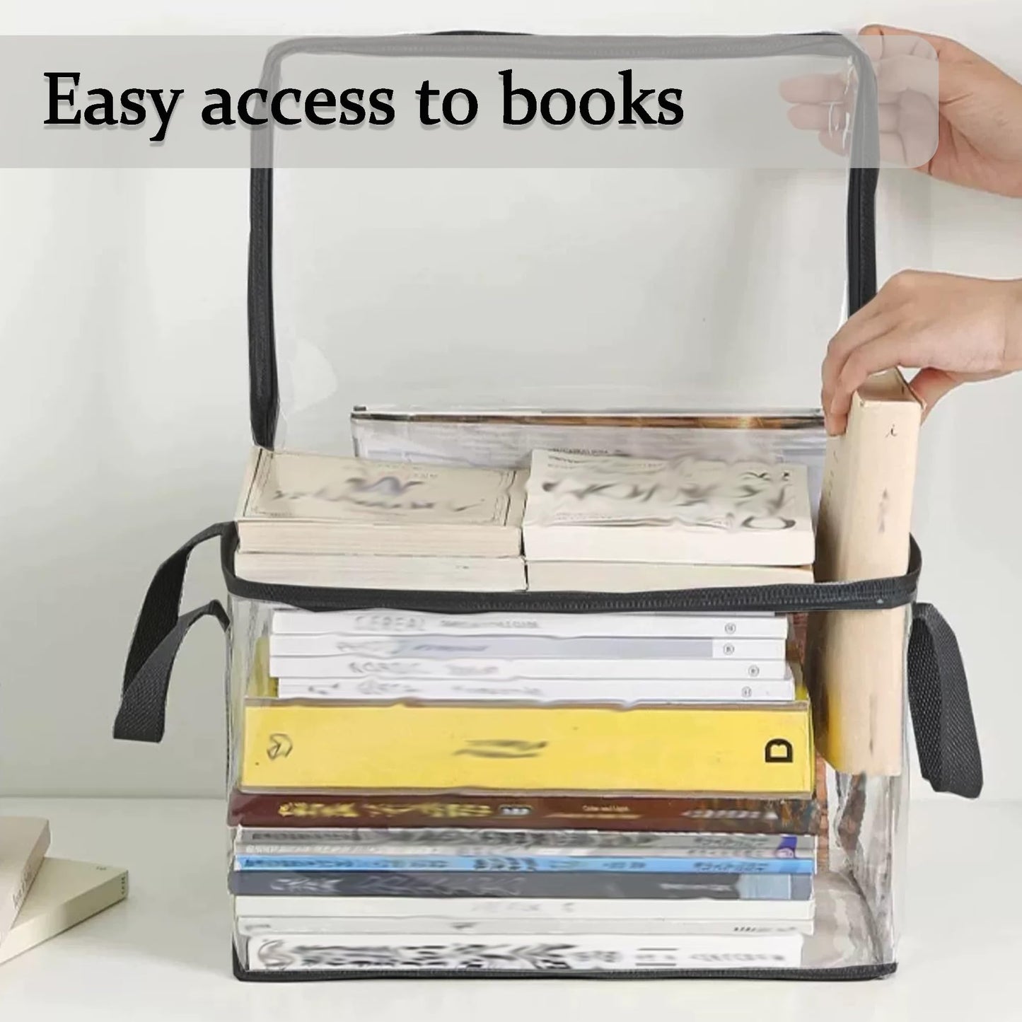 Clear Book Storage Bag Plastic Comic Books Organizer 38x24x32cm/15x9x3inches Collapsible Book Display Case with Lid and Lifting Handle for Books Used Books Toys