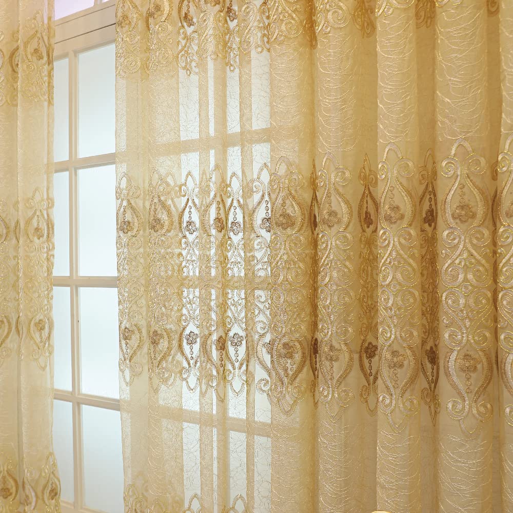 Amidoudou 1 Pair European Jacquard Sheer Curtains Embroidered Tulle Curtains Living Room Bedroom Luxury Translucent Curtains (Gold,37x84 Inch)