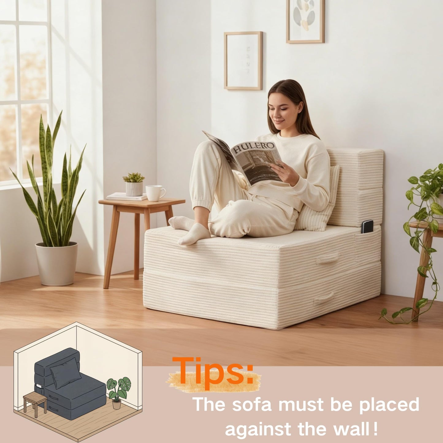 HILERO Folding Sofa Bed, 4 in 1 Convertible Sleeper Chair with Pillow, Single Memory Foam Fold Out Chair Bed, Modern Floor Futon Sofa Couch Mattress for Living Room/Guest/Apartment,Beige