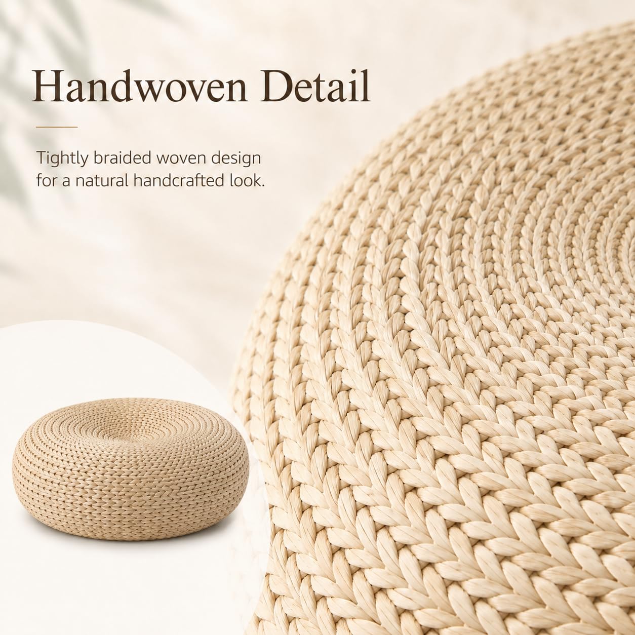 Round Rattan Floor Cushion, Handwoven Wicker Ottoman Foot Stool, Boho Meditation Seat for Living Room & Bedroom, 19.7" Dia x 6.7" H