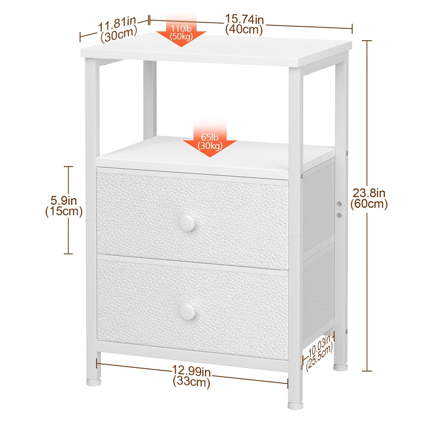LOAKEKEL Night Stand, Nightstand with 2 Fabric Drawers for Bedroom, Small End Table with Open Storage Shelf for Living Room, Bedisde Table for Apartment, White, HETS002WP-1