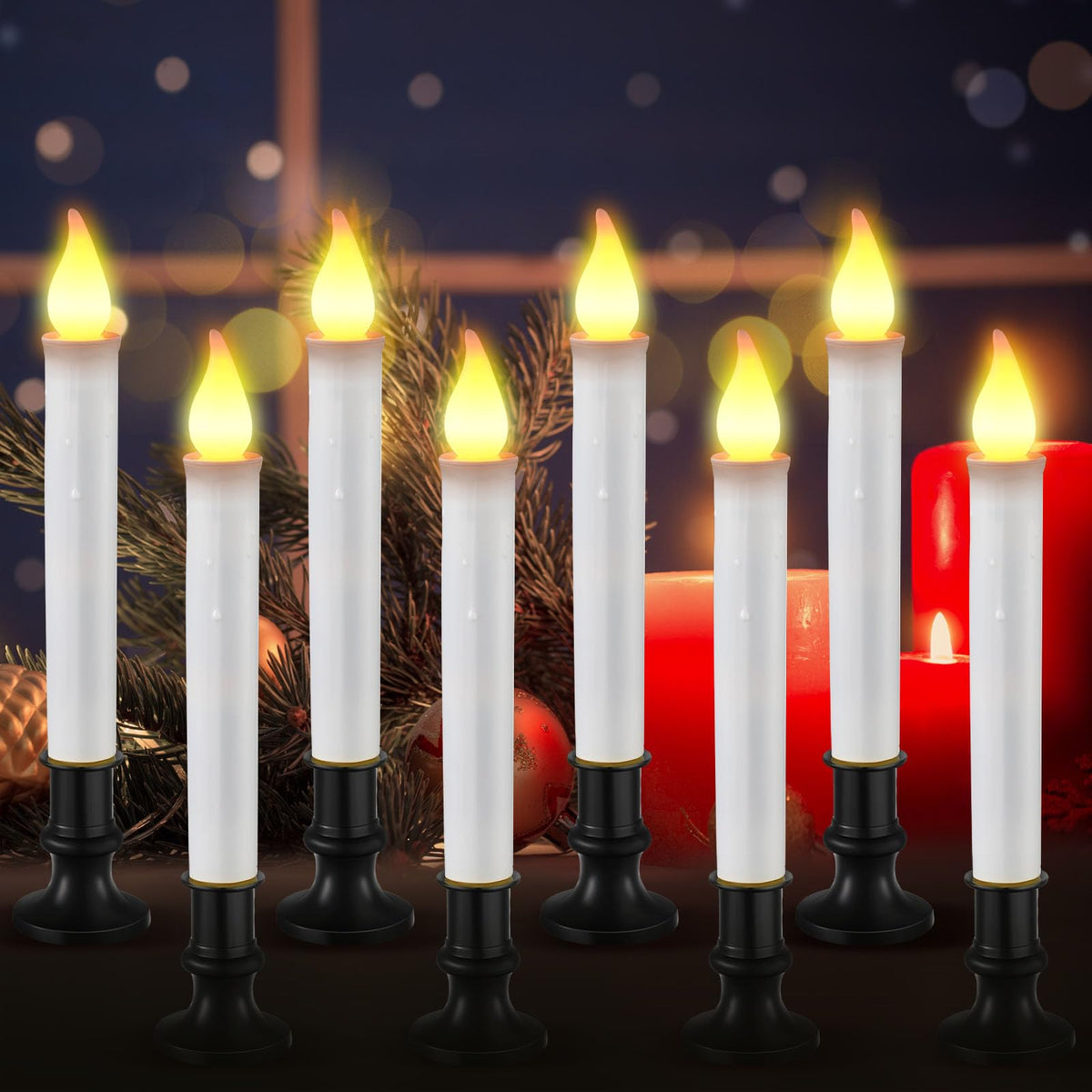Baquler 8 Pcs Christmas LED Window Candles with Sensor Dusk to Dawn Light Sensor 9.37 Inches Cordless Flameless Battery Taper Candles with Flickering Amber Flame for Xmas Home Decor(Black)