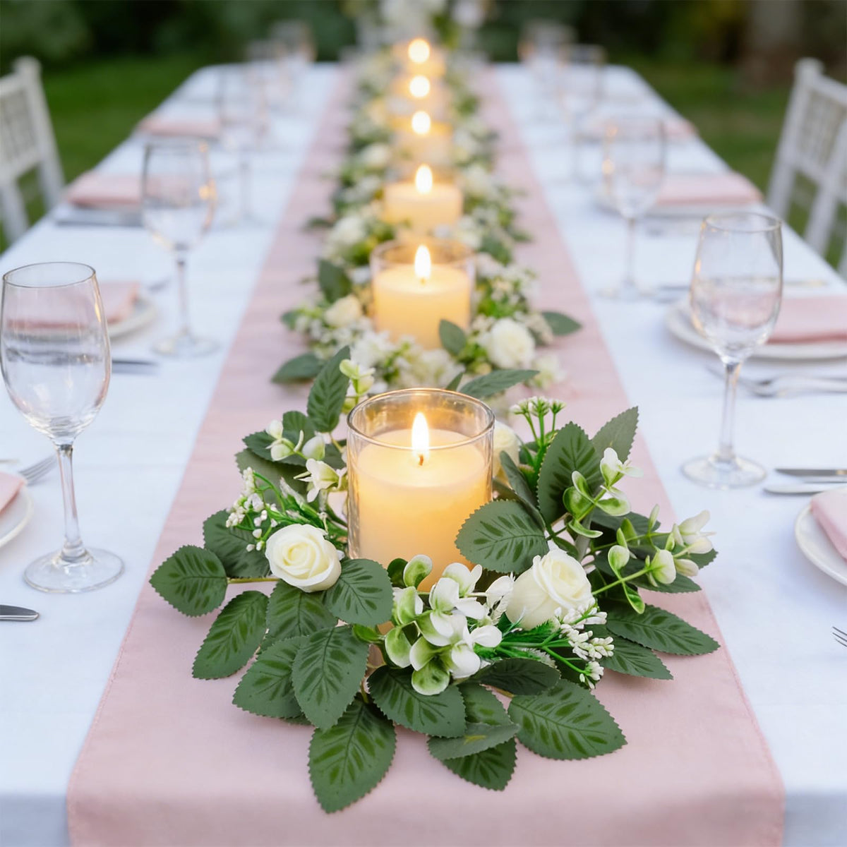 10PCS Wedding Rose Candle Rings Artificial Floral Eucalyptus Leaves Wreaths Faux Candle Rings Summer Greenery Candleholders Garland Pillar Holder for Bridal Shower Bachelorette Party Table Decor