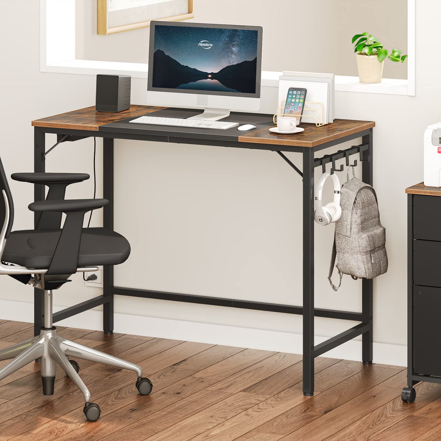 HOOBRO 2-Drawer Mobile File Cabinet, Computer Desk, Home Office Desk with Power Outlet, for Study Room, Home Office, Sturdy and Stable, Easy to Assemble, Rustic Brown BF20WJ01-BF40UDN01
