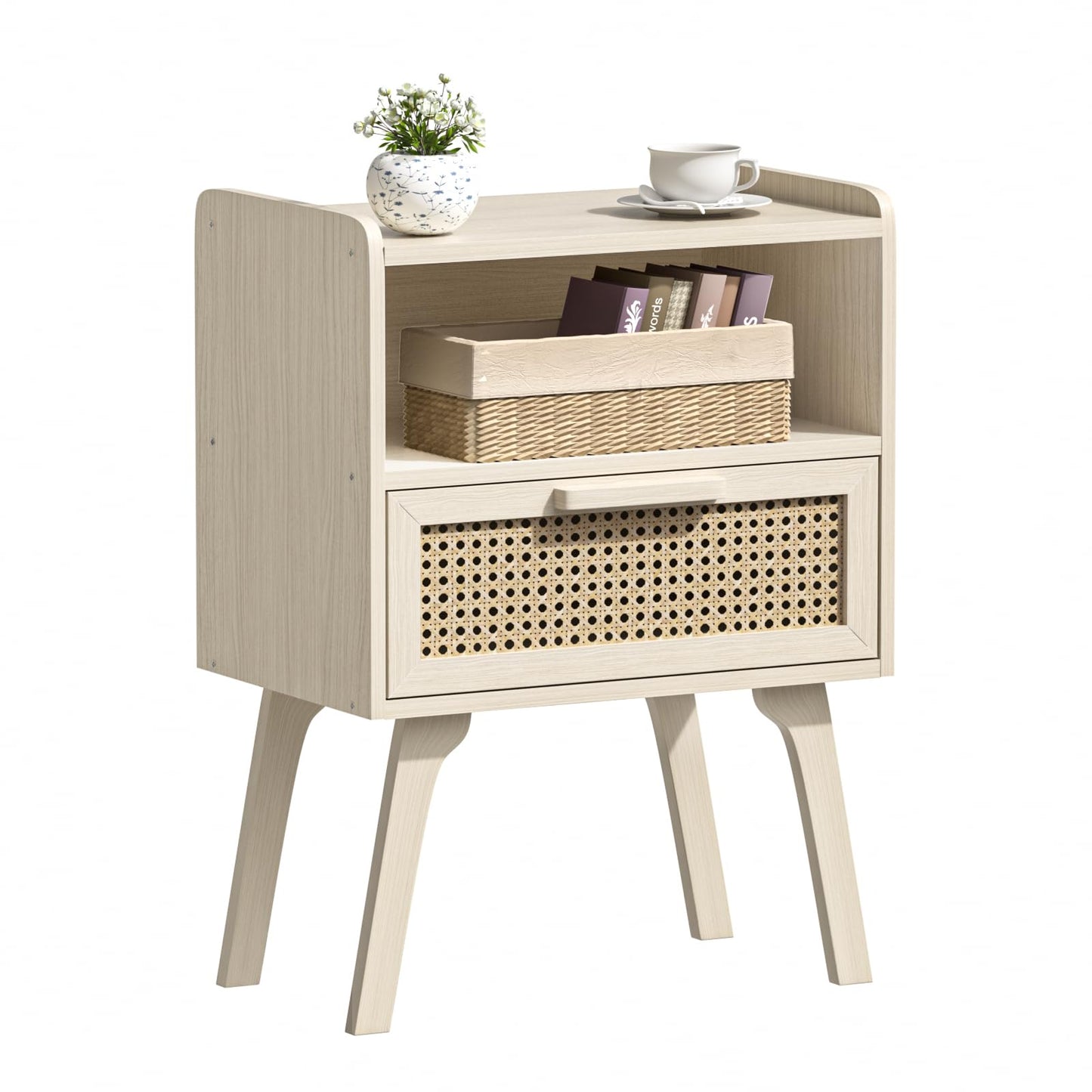 Lerliuo Rattan Nightstand, Side Table with Drawer Open Shelf, Cane Accent Bedside End Table with Solid Wood Legs, Mid Century Modern Night Stand for Bedroom, Dorm and Small Spaces (Grey White)