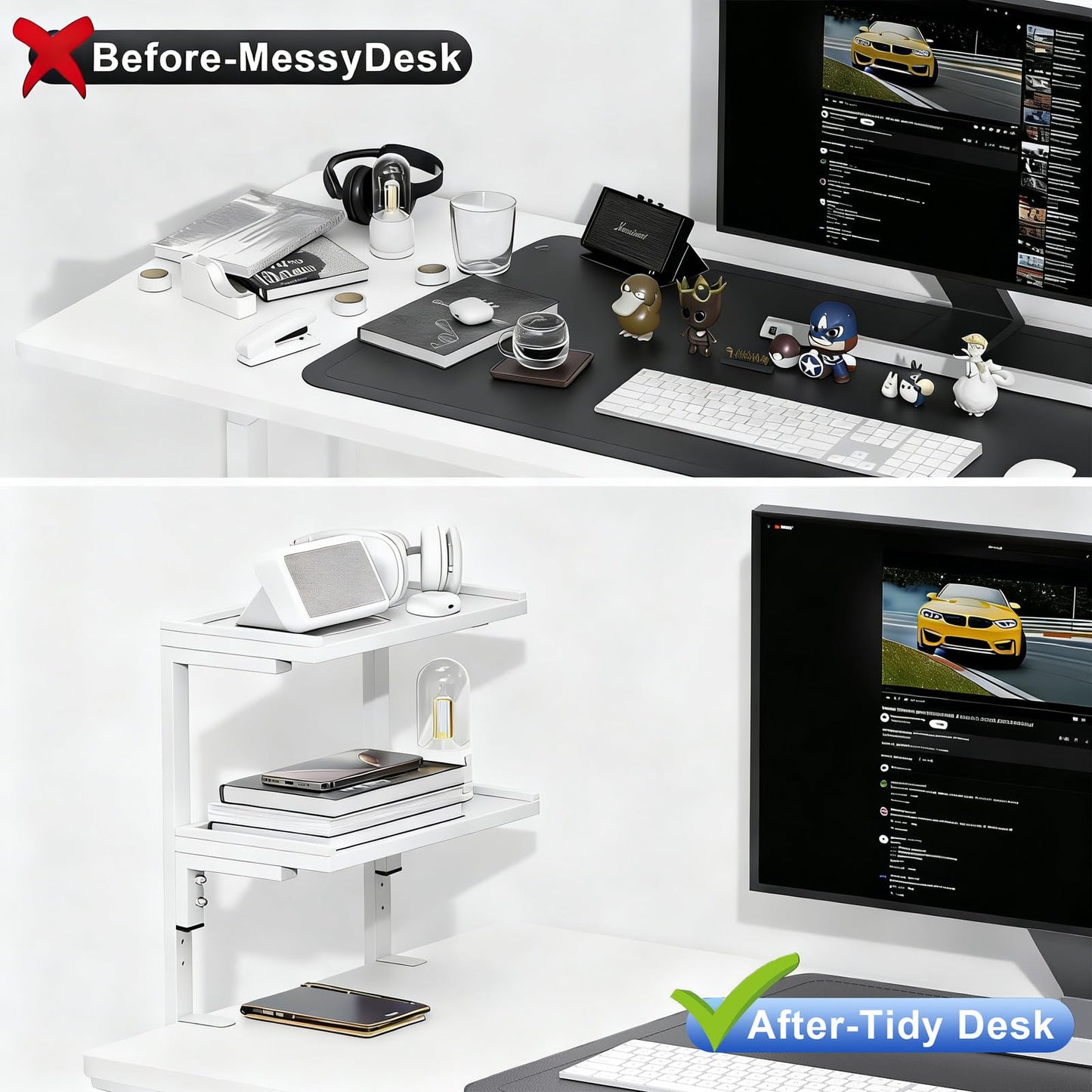 Spacrea clamp on Desk Shelf, 2 Tier Office Desk Shelves Organizer, Wood Desktop Supplies Storage Rack, Desk Organizers and Accessories (White)