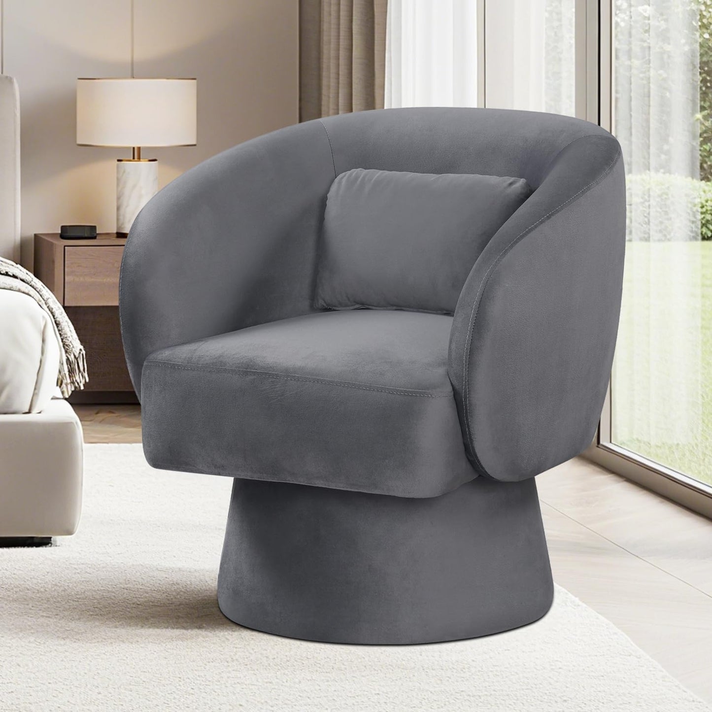 Giantex Swivel Accent Chair, Upholstered Barrel Chair with Curved Back & Removable Lumbar Pillow, Comfy Round Armchair with 360° Rotating Function, Single Sofa Chair for Living Room
