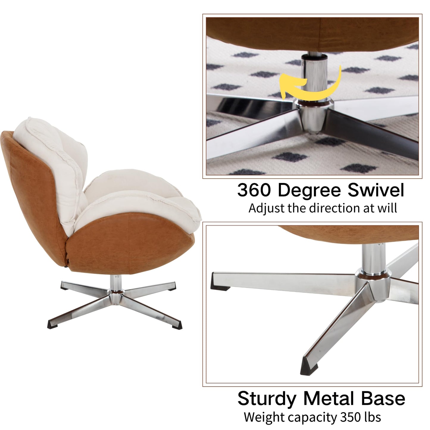 BESTANO Swivel Accent Chair, Chenille Upholstered Modern Living Room Chair with Backrest 360 Degree Metal Base Armless Reading Chair for Bedroom, Beige