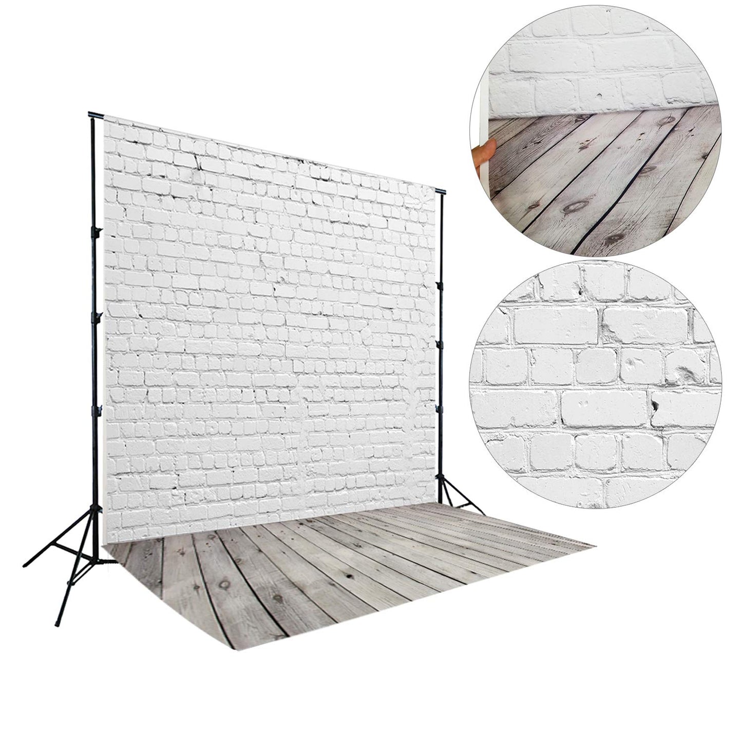 HUAYI 5X7ft White Brick Wall with Gray Wooden Floor Photography Vinyl Backdrop D-2504