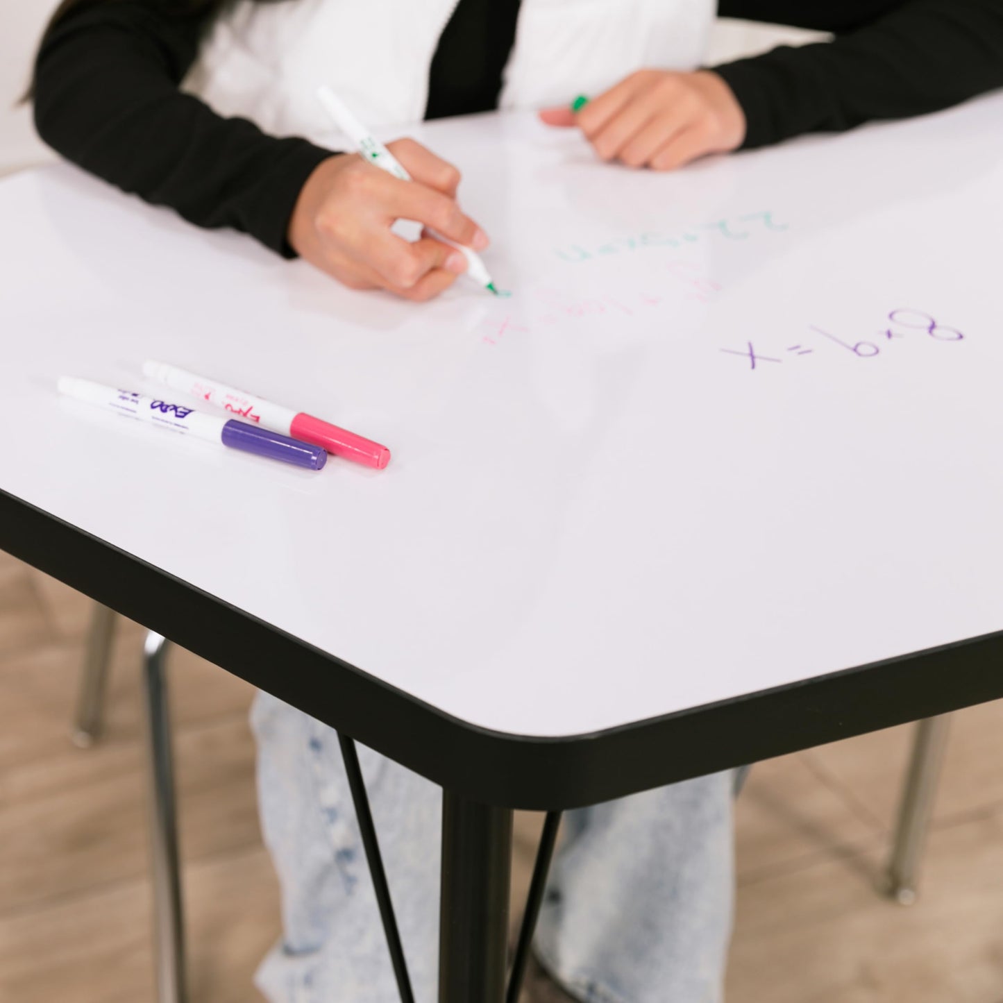 FDP Dry-Erase Petal Activity School and Office Table (24 x 36 inch), Standard Legs with Swivel Glides, Adjustable Height 19-30 inches; Quick Ship Single Box - Whiteboard Top and Black Edge