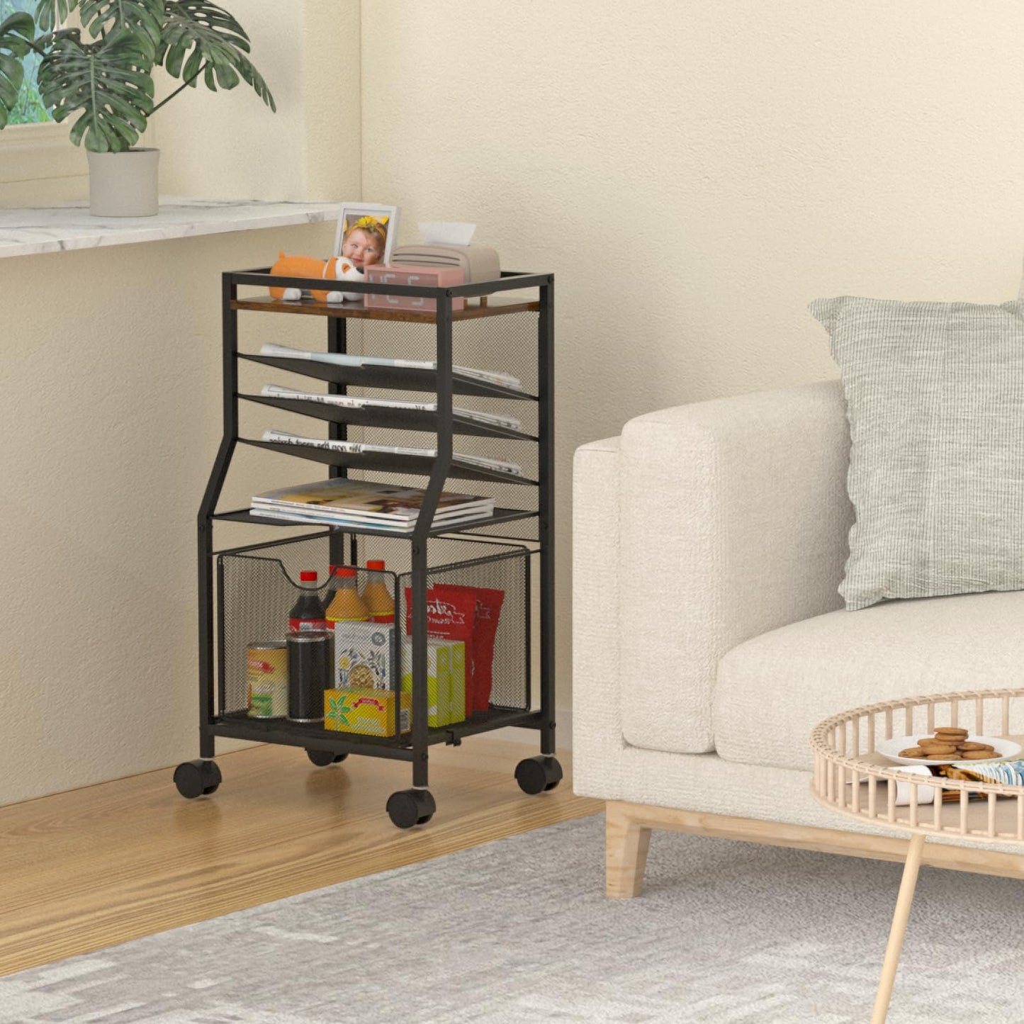 BOHDK Rolling File Cart, 6-Tier Desk File Organizer on Lockable Wheels, Brown Wood Planks & Mesh Sliding Hanging Folder Drawer, Organization Cart for Office Home School