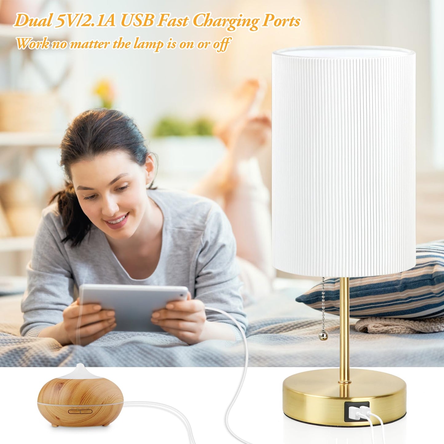Lakumu 2 Sets Table Lamps with 2 USB, Minimalist Beside Lamps for Bedroom, Nightstand Lamp with Pull Chain, Desk Lamps with White Pleated Shade and Gold Metal Base for Living Room Dorm Reading Hotel