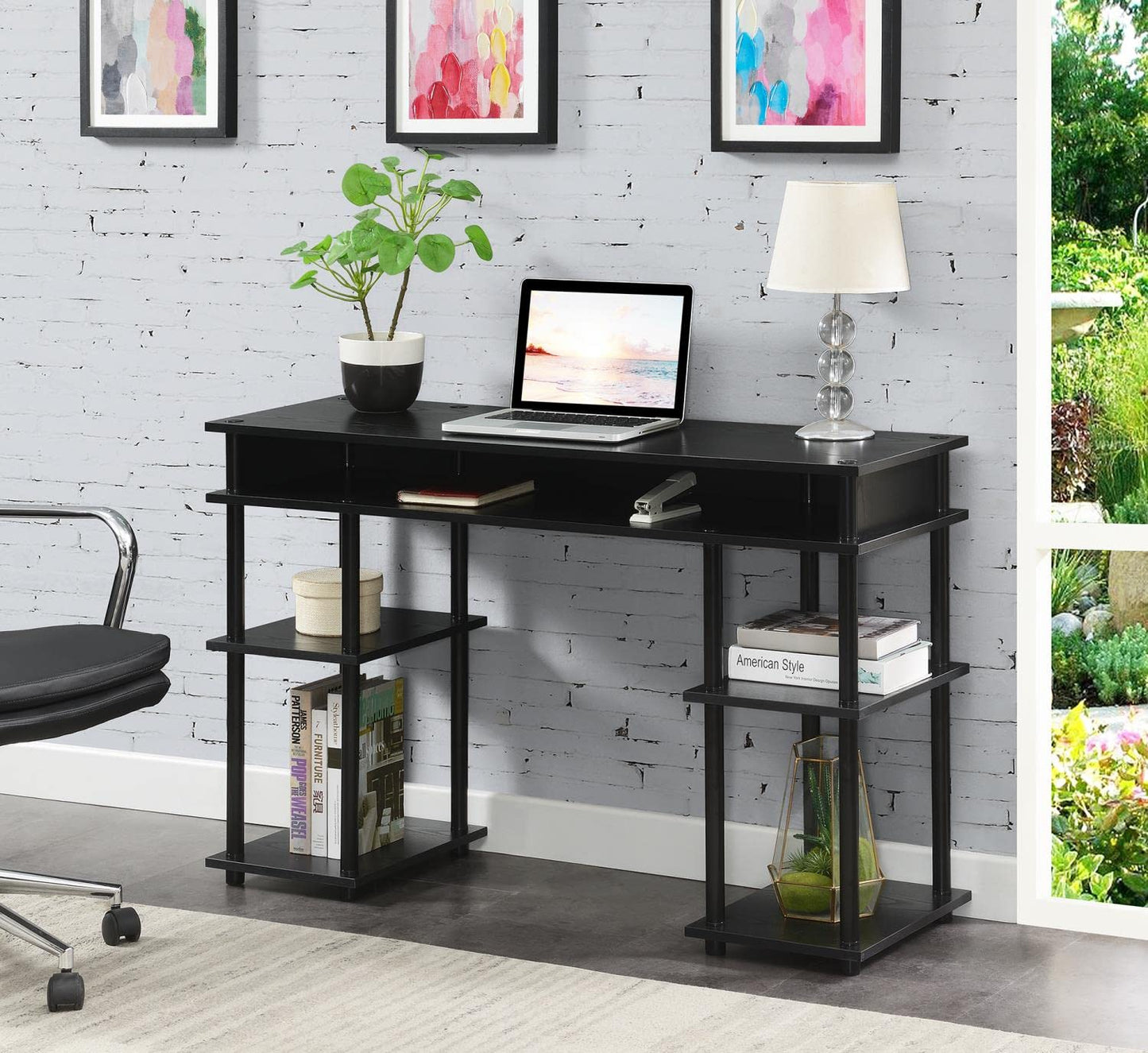 Convenience Concepts Designs2Go No Tools Desk Home Office Desk with Shelves, Corner Shelf Vanity Desk Computer Desk Nail Table for Nail Tech - 47.25" L x 15.75" W x 30" H, Black/Black