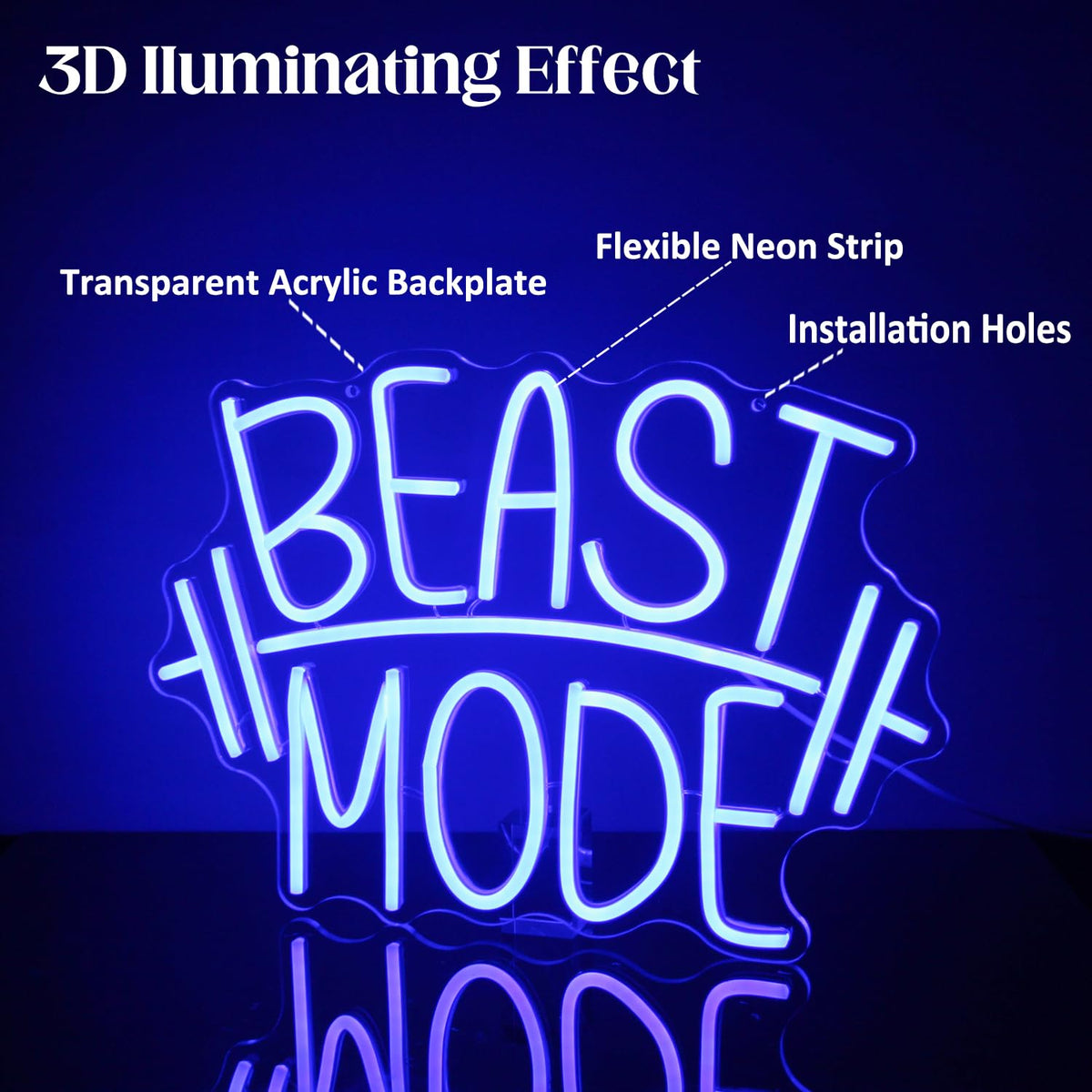 CKTBLEY Beast Mode Neon Sign Blue Letter Neon Gym Signs Motivational Wall Art Gym Decor Barbell LED Neon Lights Signs Dumbbell Neon Light for Bedroom Gym Sports Room Man Cave Decor