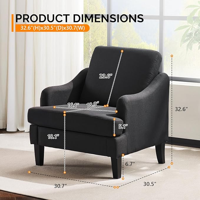 VINGLI Linen Fabric Accent Chair Black, Modern Upholstered Armchair, Comfy Sofa