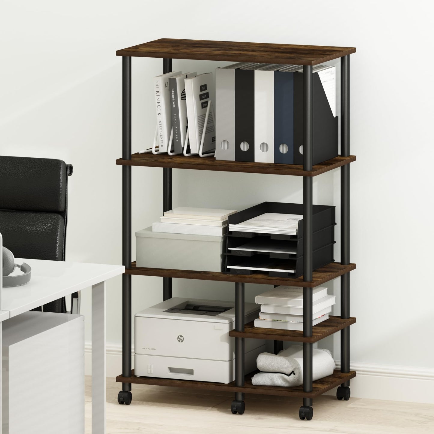 Furinno Turn-N-Tube Toolless Assembly 4-Tier Rustic Brown Printer Stand with Storage Shelf and Casters, Open Frame Standing Shelf, for CPU, Office Supplies, Home Office, Amber Oak