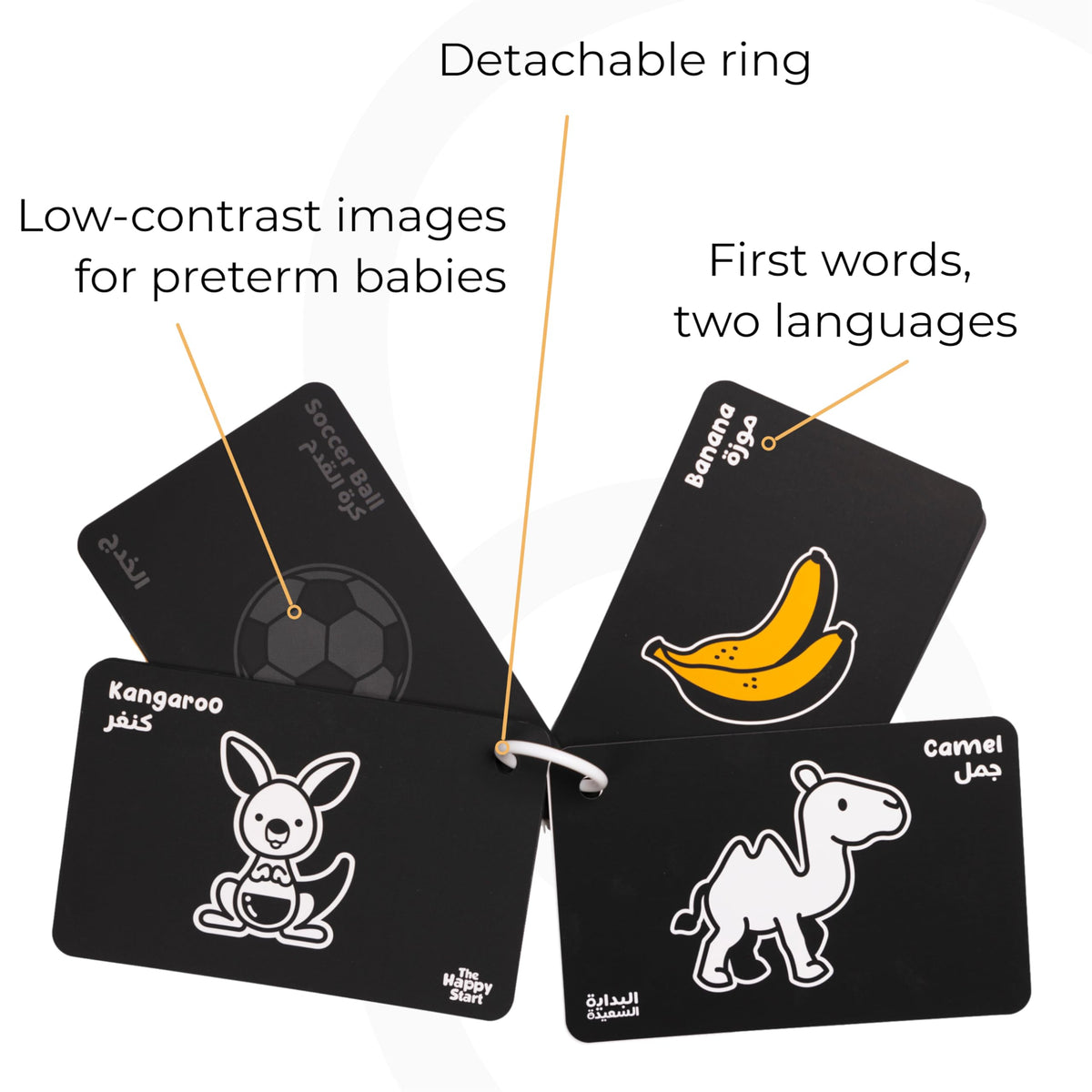 Happy Start High Contrast Baby Cards for Newborns - Black & White Cards, Water-Resistant, BPA-Free, Portable Educational Flashcards for Visual Stimulation, Award-Winning, Ages 0+ (English & Arabic)