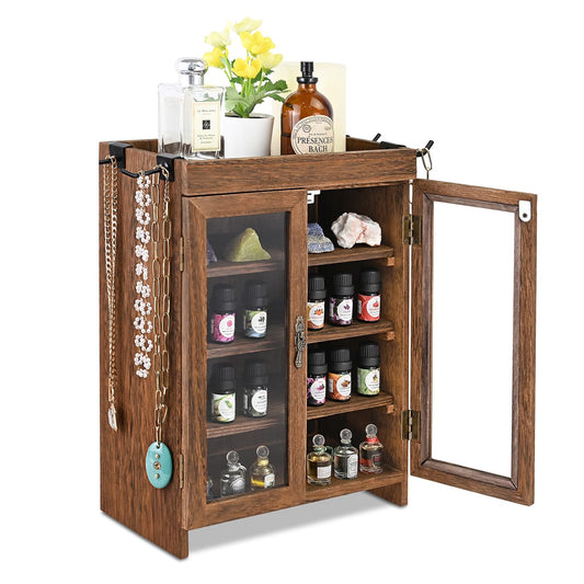 Ikee Design Small Wooden Countertop Storage Cabinet with Adjustable Shelves and Removable Hooks, Perfect for Perfume, Pantry, Essential Oil, 10.4W x 6.1D x 14.4H in, Brown