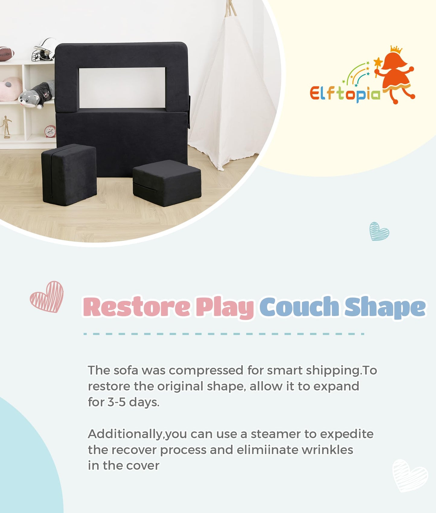 Elftopia Modular Kids Sofa,Toddler Couch Foam Armchair for Kids, Children Convertible Plush Sofa Play Set,Fold Out SofaBed(Black)