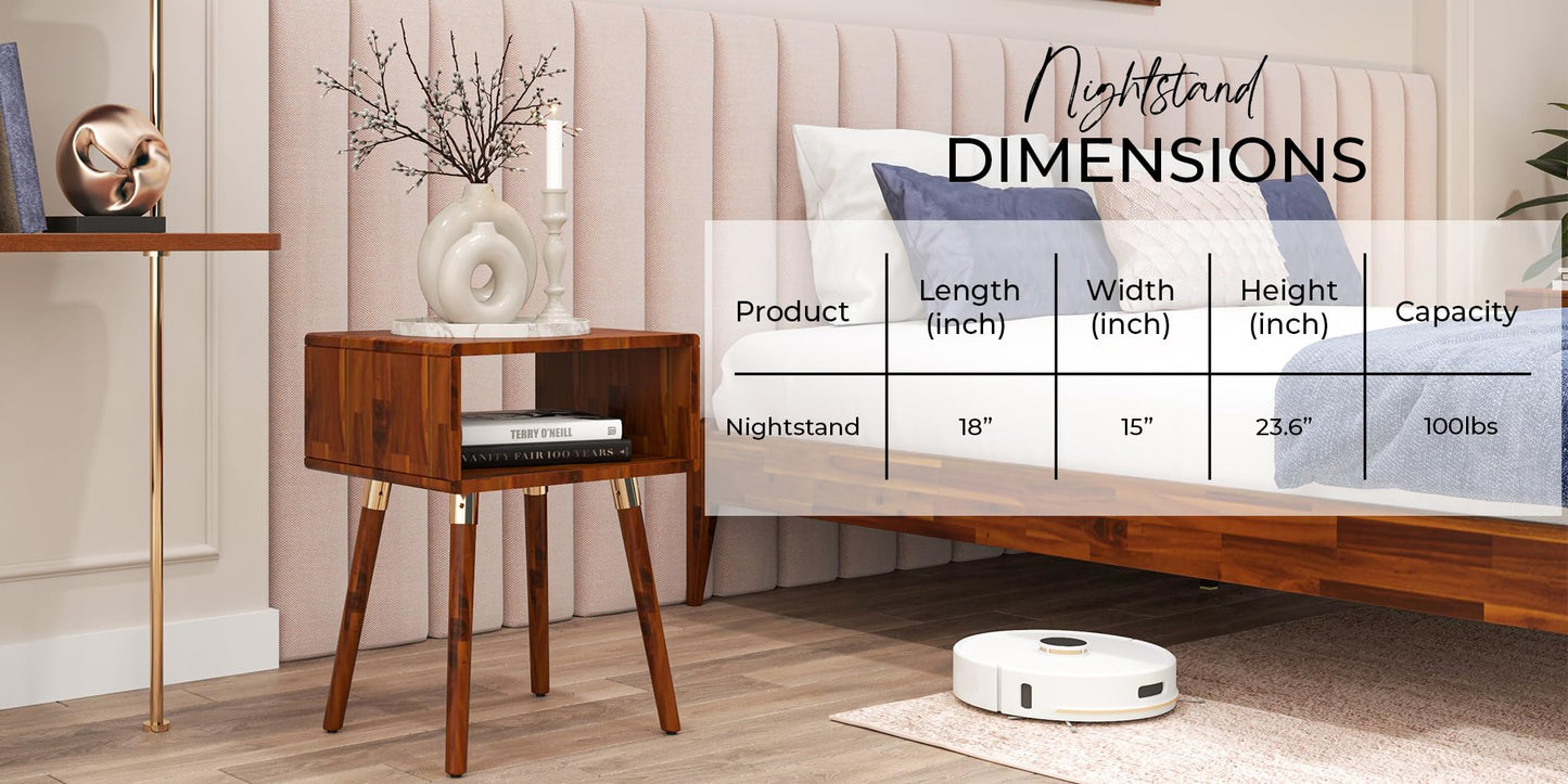 Bme Dinkee Solid Wood Nightstand, Fully Assembled, Without Drawer for Mid Century Bedroom and Living Room, Dark Chocolate