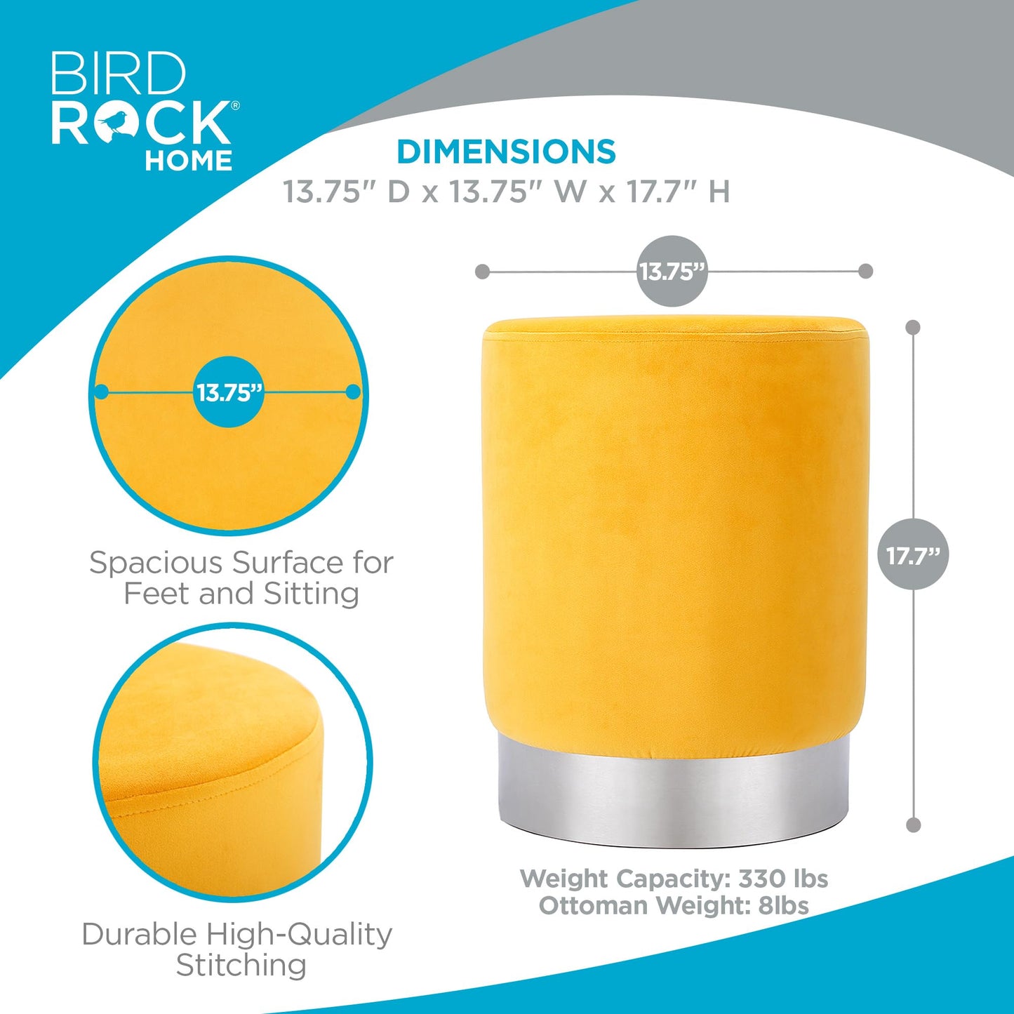 BIRDROCK HOME Round Ottoman Foot Stool – Modern Soft Padded Velvet Vanity Chair with Silver Metal Trim – Accent Chair or Foot Rest for Living Room, Bedroom, or Dressing Room (Yellow)
