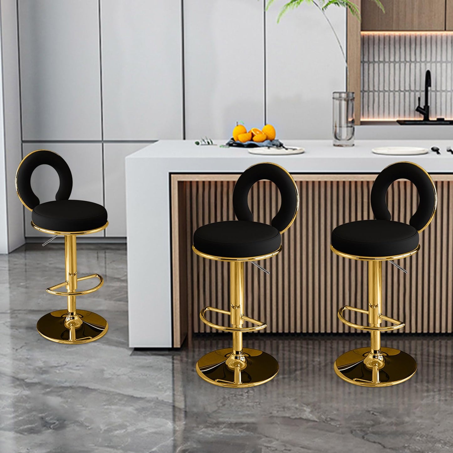 Adjustable Stool with Faux PU Leather for Kitchen Gold Chairs- of 1 (Black Set of 2)