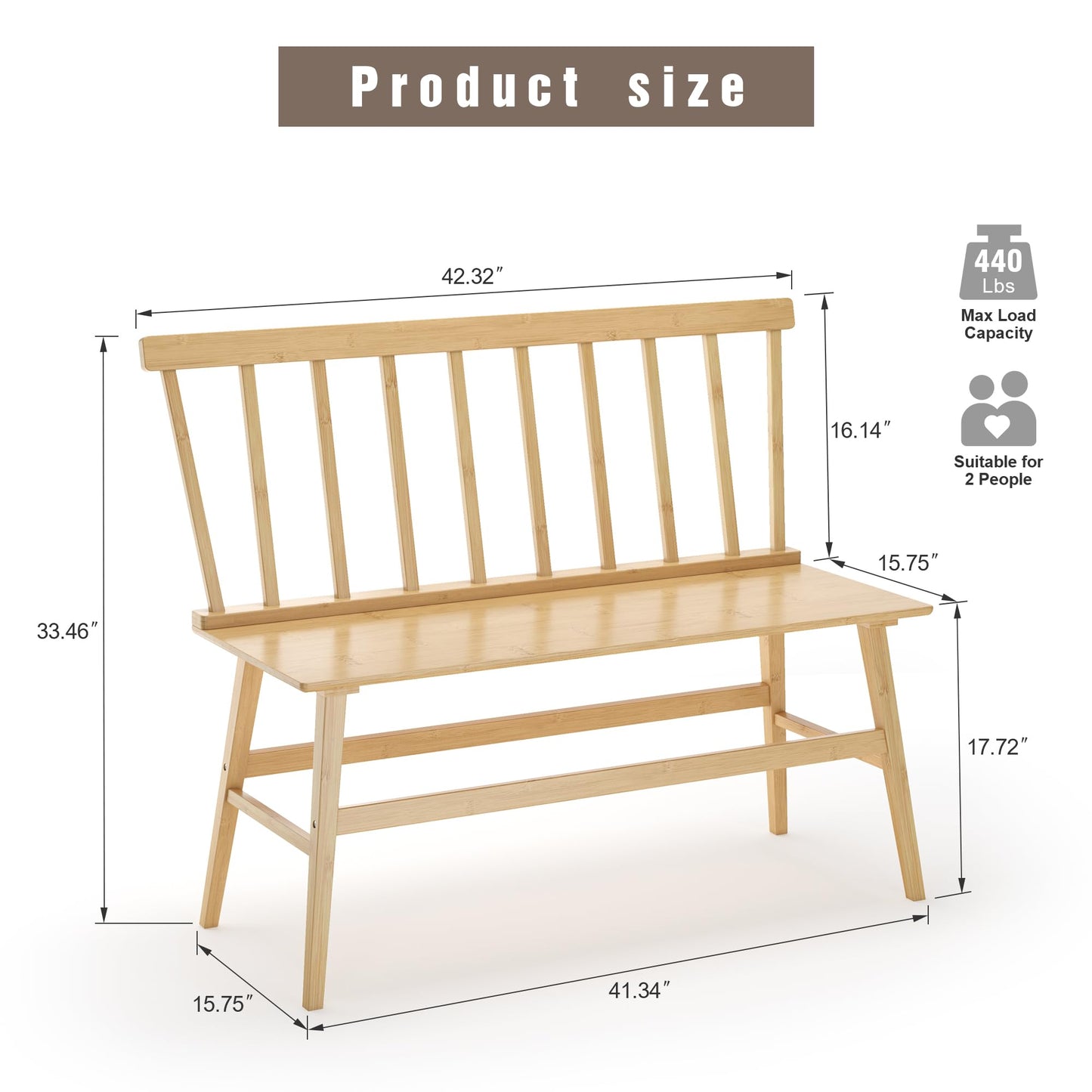 Wisuce Essentials Bamboo Dining Bench, Entryway Bench with Spindle Back Farmhouse Wood Windsor for Foyer Balcony Living Room (Nature)