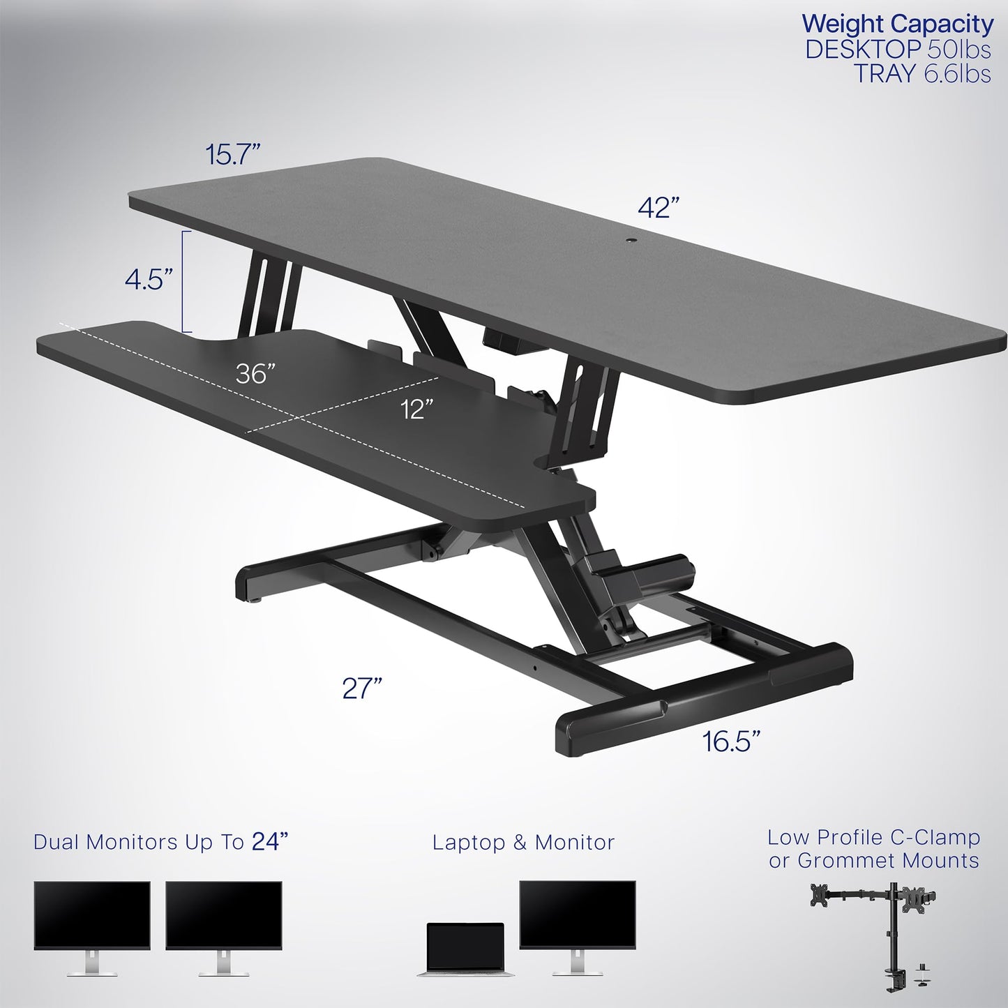 VIVO 42 inch Electric Motor Desk Converter, Height Adjustable Riser, Sit to Stand Dual Monitor and Laptop Workstation with Wide Keyboard Tray, Black, DESK-VE42B