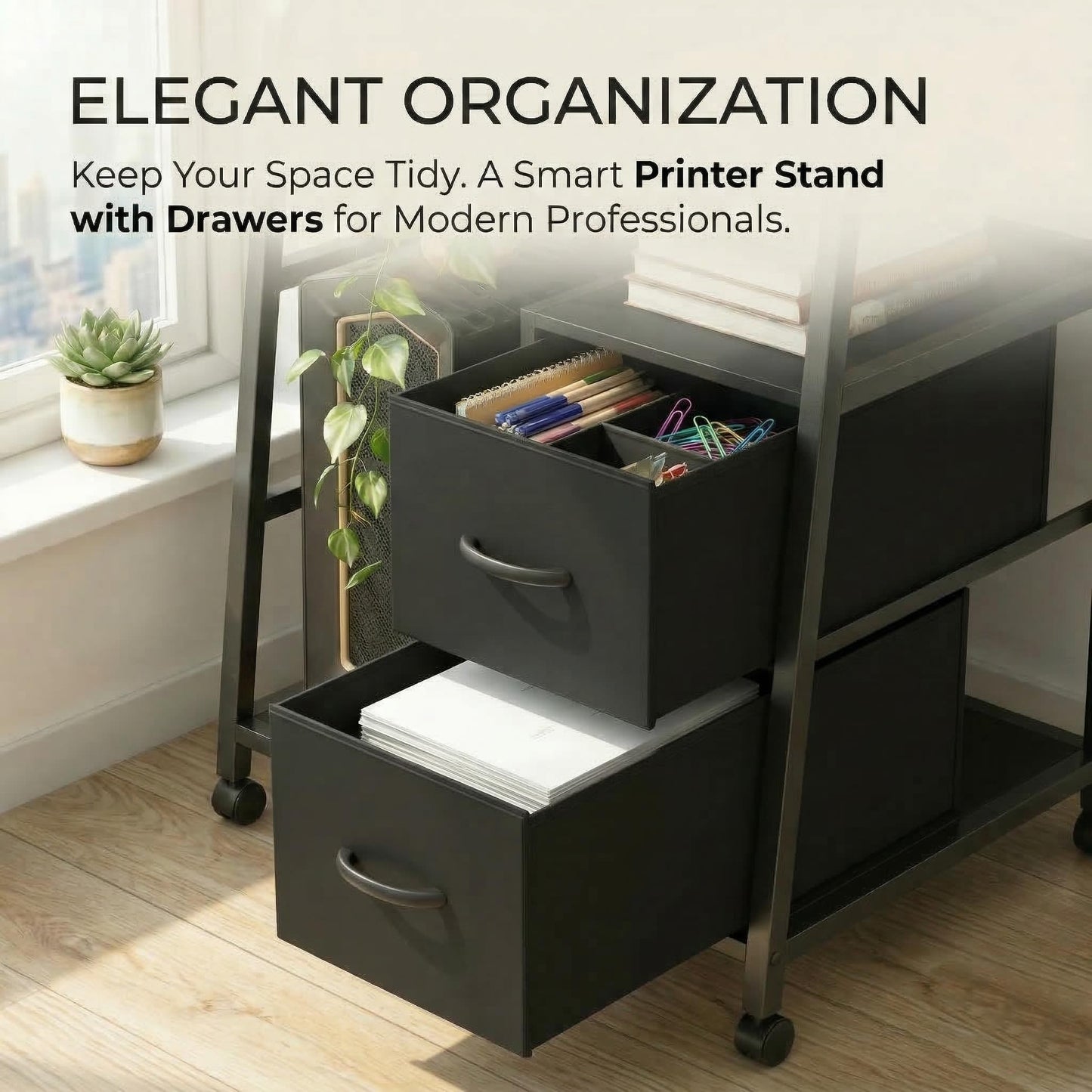 ZEXVIDA Printer Stand Featuring Fabric Drawers, Under Desk Host Computer Cabinet and Shredder Shelf, Heavy Duty Printer Stand with Storage Workstation Organization Printer Table for Home Office
