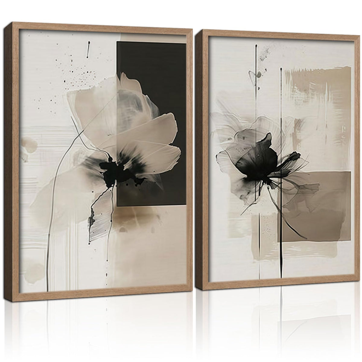 2Pcs Framed Black and White Flower Abstract Wall Art Modern Neutral Canvas Prints Posters Pictures Gallery Wall Decor Living Room Bedroom Office Apartment 12X16 Inch Ready to Hang