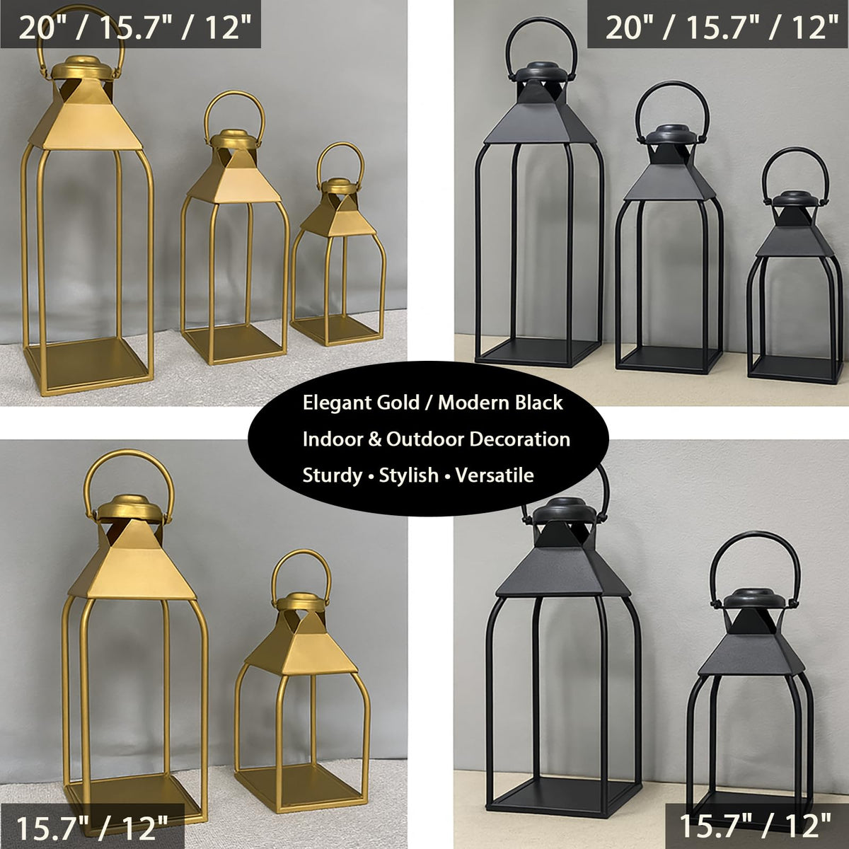 Decorative Metal Lanterns Indoor Outdoor, Candle Holder for Porch, Patio, Fireplace, Floor, Wedding, Christmas, Fall, Holiday, Farmhouse Table Centerpiece (Black, Set of 3 20" 15.7" 12")