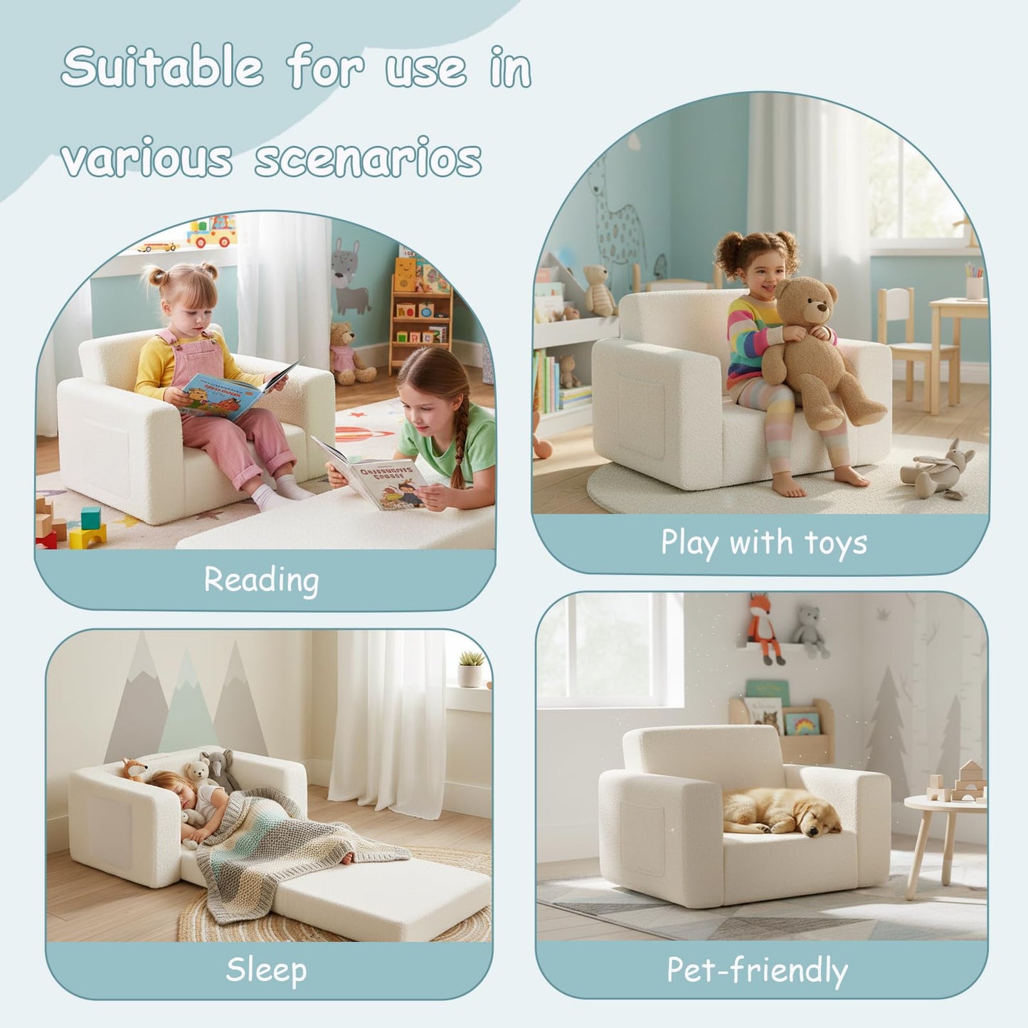 Tiita Kids Sofa, 2-in-1 Toddler Chair, Convertible Children Couch to Lounger, Flip Out Kid Sofas Chair, Toddler Armrest Chairs Bed, Folding Kids Play Sofa for Girl or Boy (Beige)