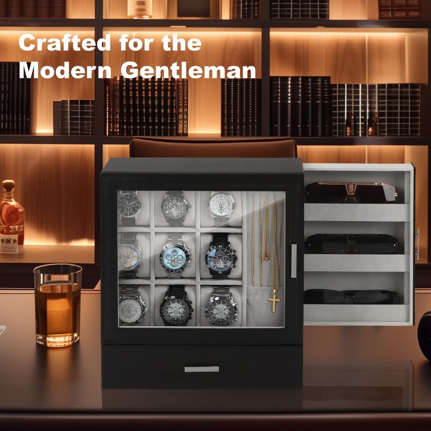 Kukikan 9-Slot Watch Display Case with Necklace Display, High End Men Jewelry Box w/Drawer, Standing Watch Box for Men w/Clear Lid, Watch Case for Sunglasses, Vertical Storage, Fathers Day Gift