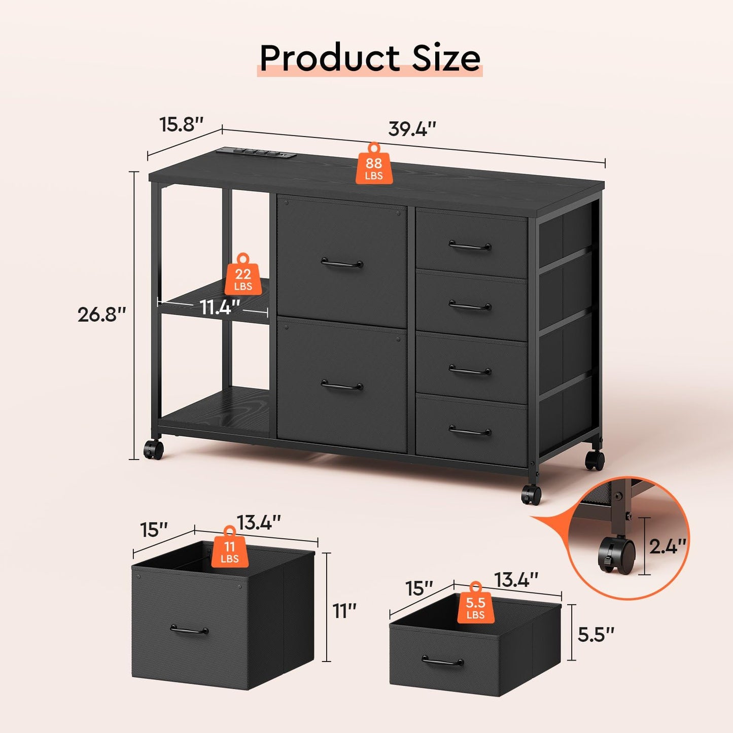 Maihail 6 Drawer File Cabinet with Charging Station Rolling Printer Stand with Open Storage Shelf Fabric Lateral Filing Cabinet for Home Office,Black