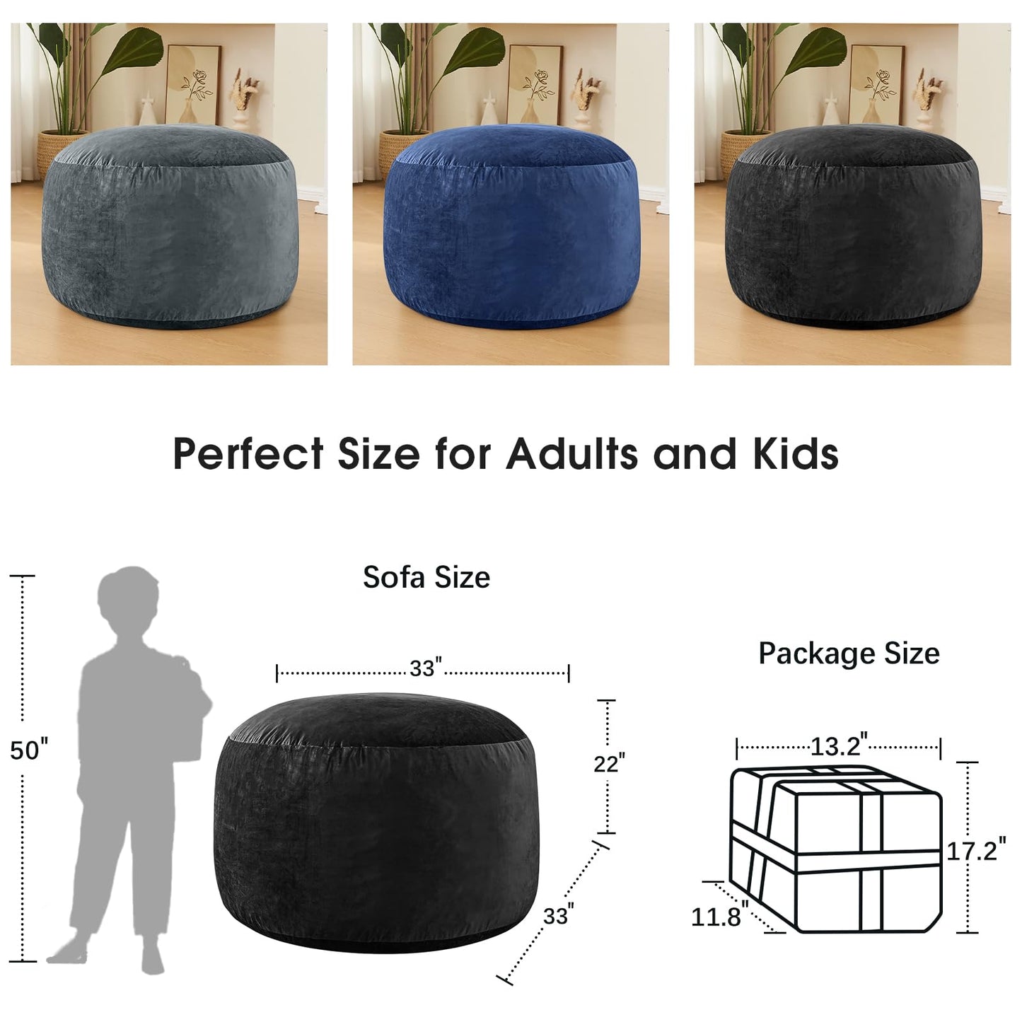 ILPEOD Bean Bag Chairs for Adults - Memory Foam Furniture BeanBag Chair - Kids/Teens Sofa with Soft Micro Fiber Cover - Round Fluffy Couch for Living Room Bedroom College Dorm, Carbon Black
