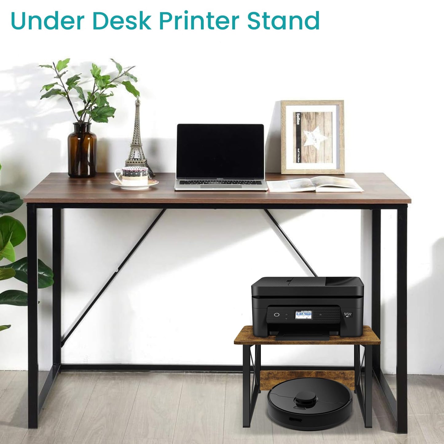 ELITEROO Desktop Printer Stand with Storage, Printer Stand Shelf Desk Organzier for Home/Office, Multi-Purpose Printer Riser Under Desk Small Table for Printer Fax Machine Copier (Rustic Brown)
